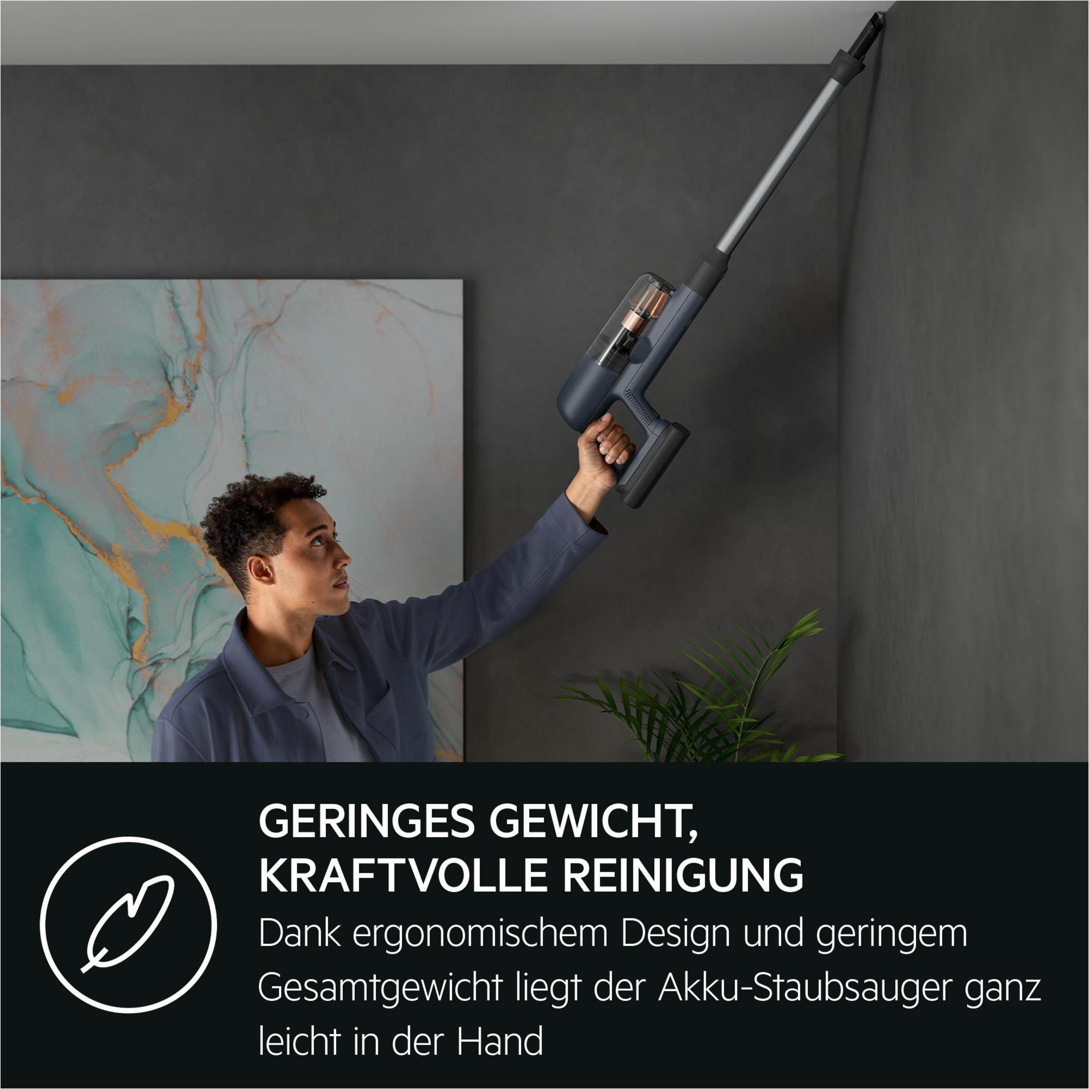 Ein Mann saugt mit einem kabellosen Staubsauger eine Wand ab. Die Wand ist grau, es gibt Kunst und Pflanzen.