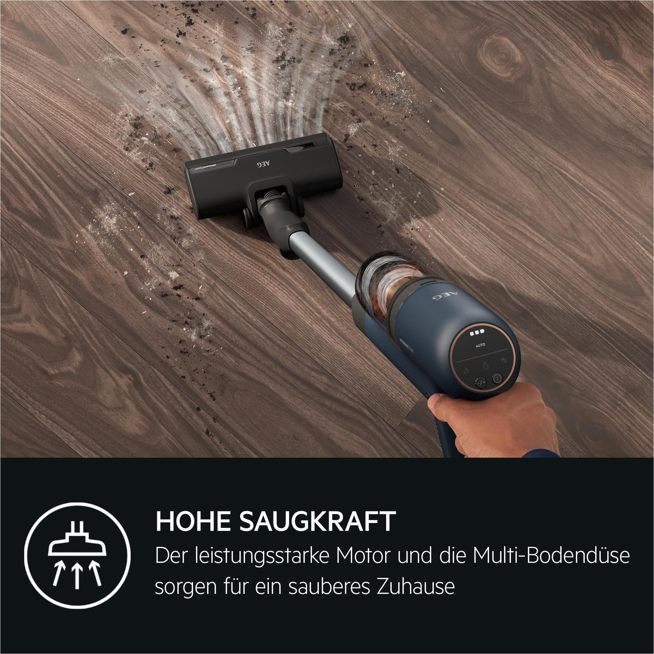 Eine Person benutzt einen blau-silbernen Staubsauger auf einem braunen Holzboden.