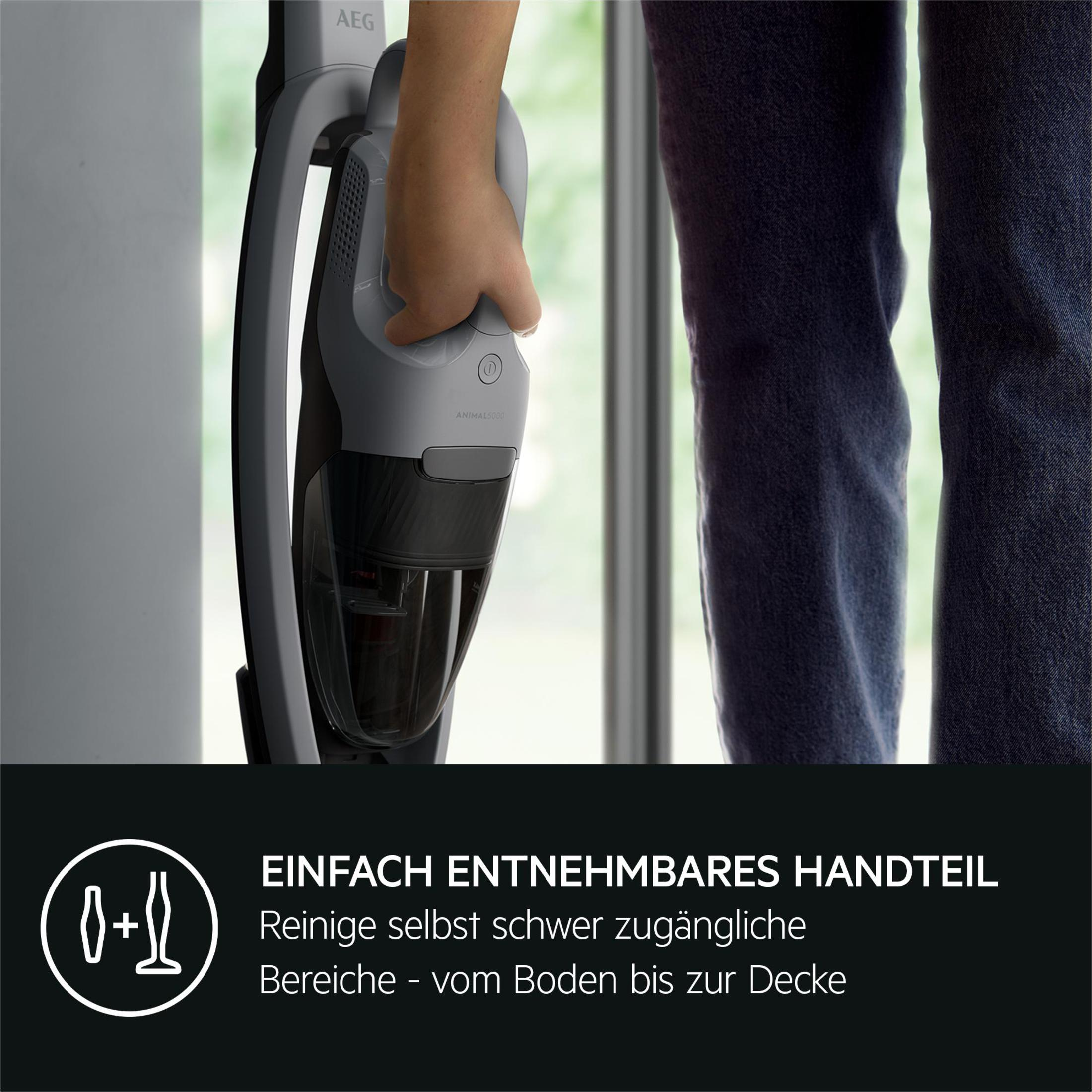 Eine Hand hält einen grauen, schwarzen Staubsauger mit dem AEG-Logo.