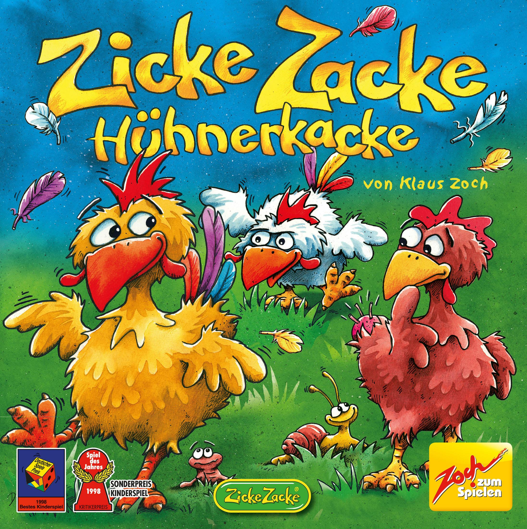 Spielbox zeigt Cartoon-Hühner auf grünem Gras mit bunten Federn. Der Spieletitel lautet 'Zicke Zacke Hühnerkacke'.