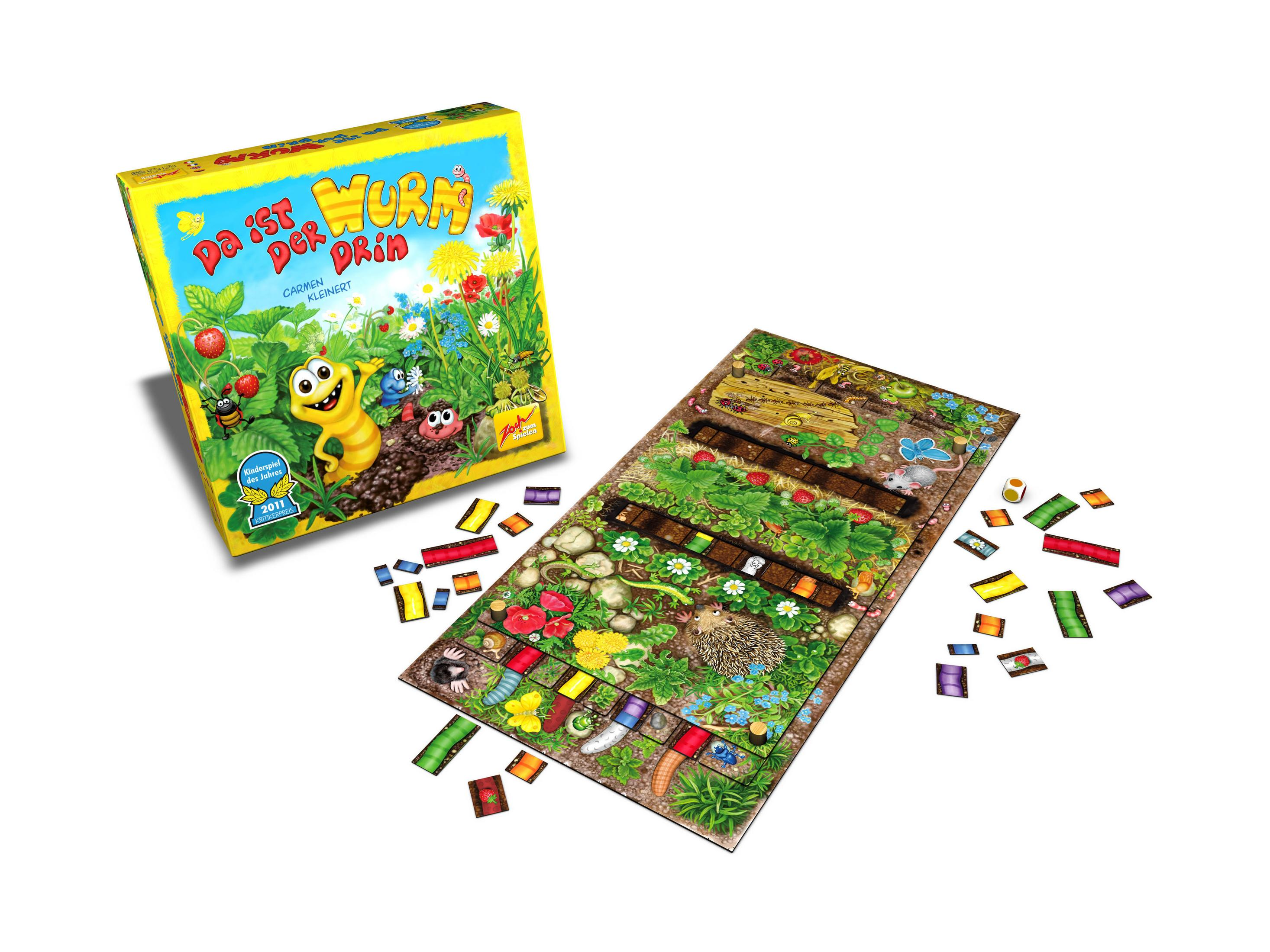 Brettspielbox und geöffnetes Brett mit bunten Illustrationen von Insekten, Blumen und einem Wurm.