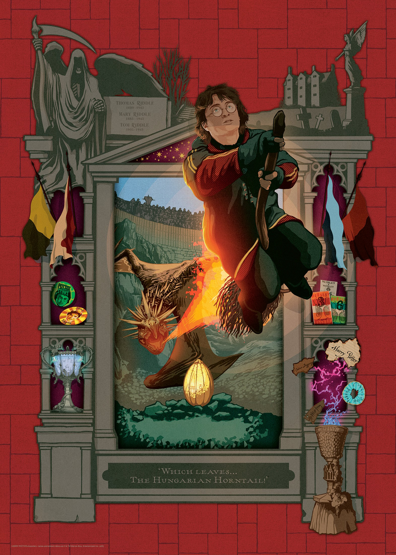 Harry Potter vola su una scopa. Un drago, un castello e altri oggetti relativi a Harry Potter lo circondano.