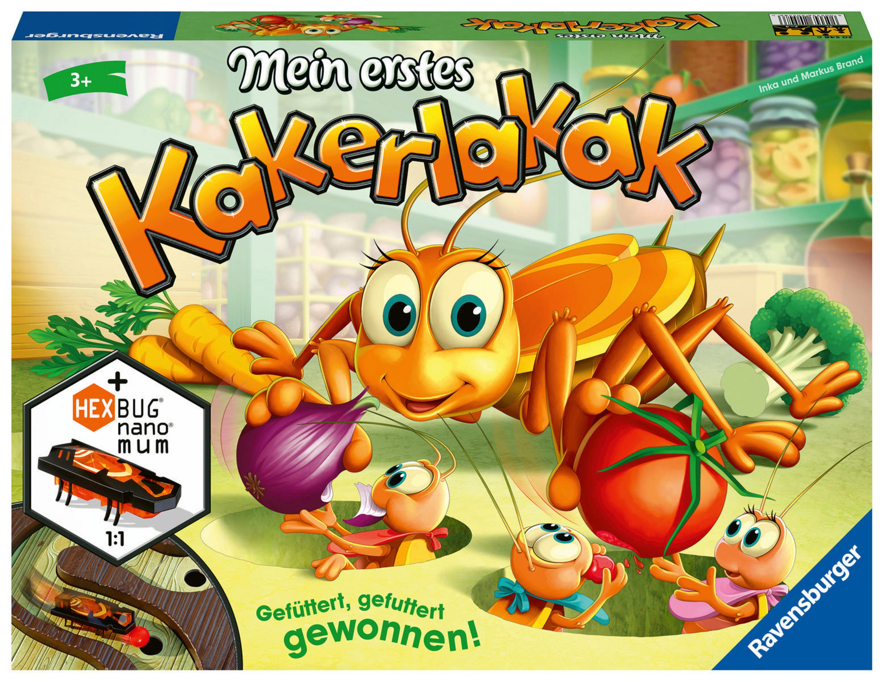 Brettspielbox mit einem Cartoon-Insekt, Gemüse und einem Spielbrett auf weißem Hintergrund.