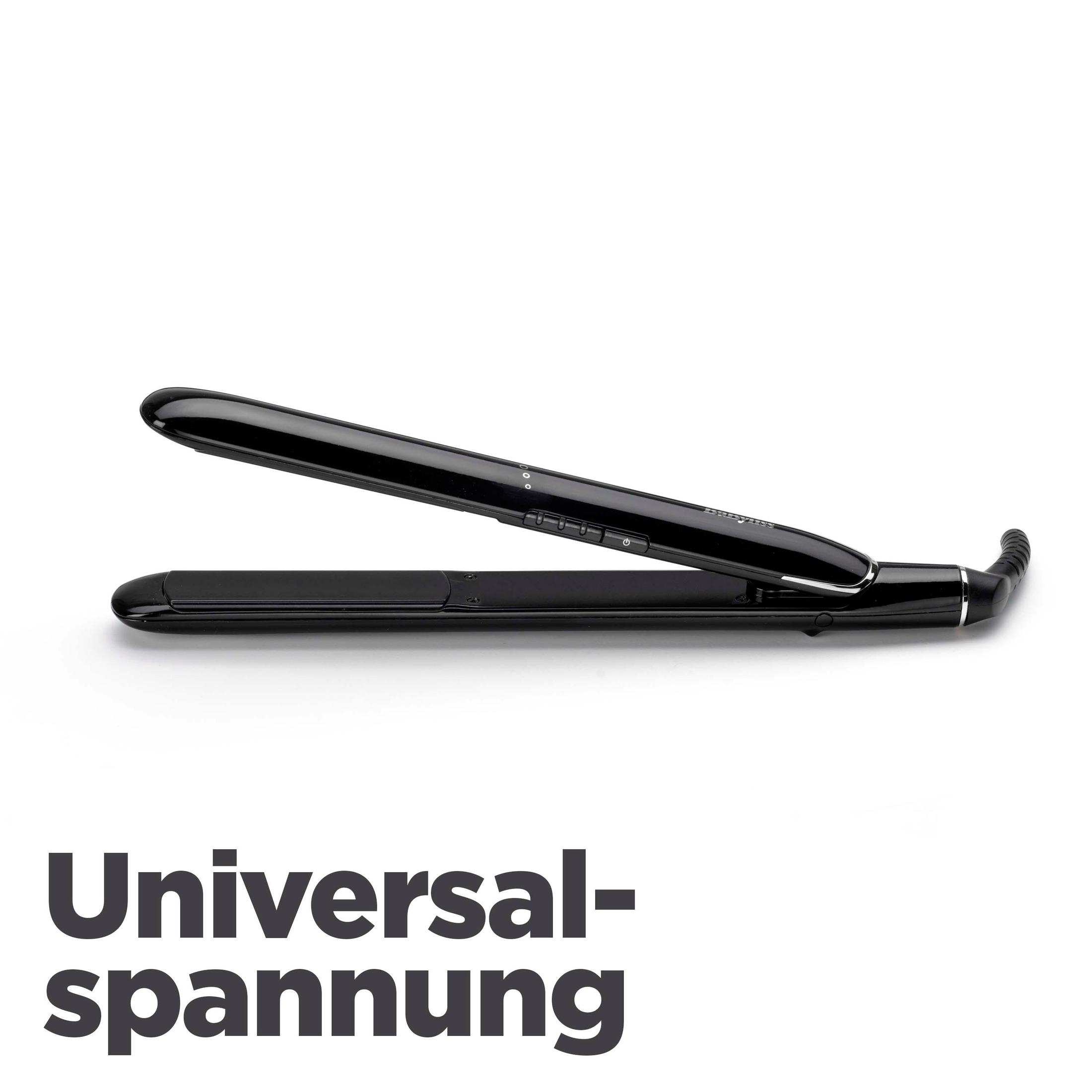 Piastra per capelli nera su sfondo bianco, aperta. Ha dei pulsanti ed è un design elegante.