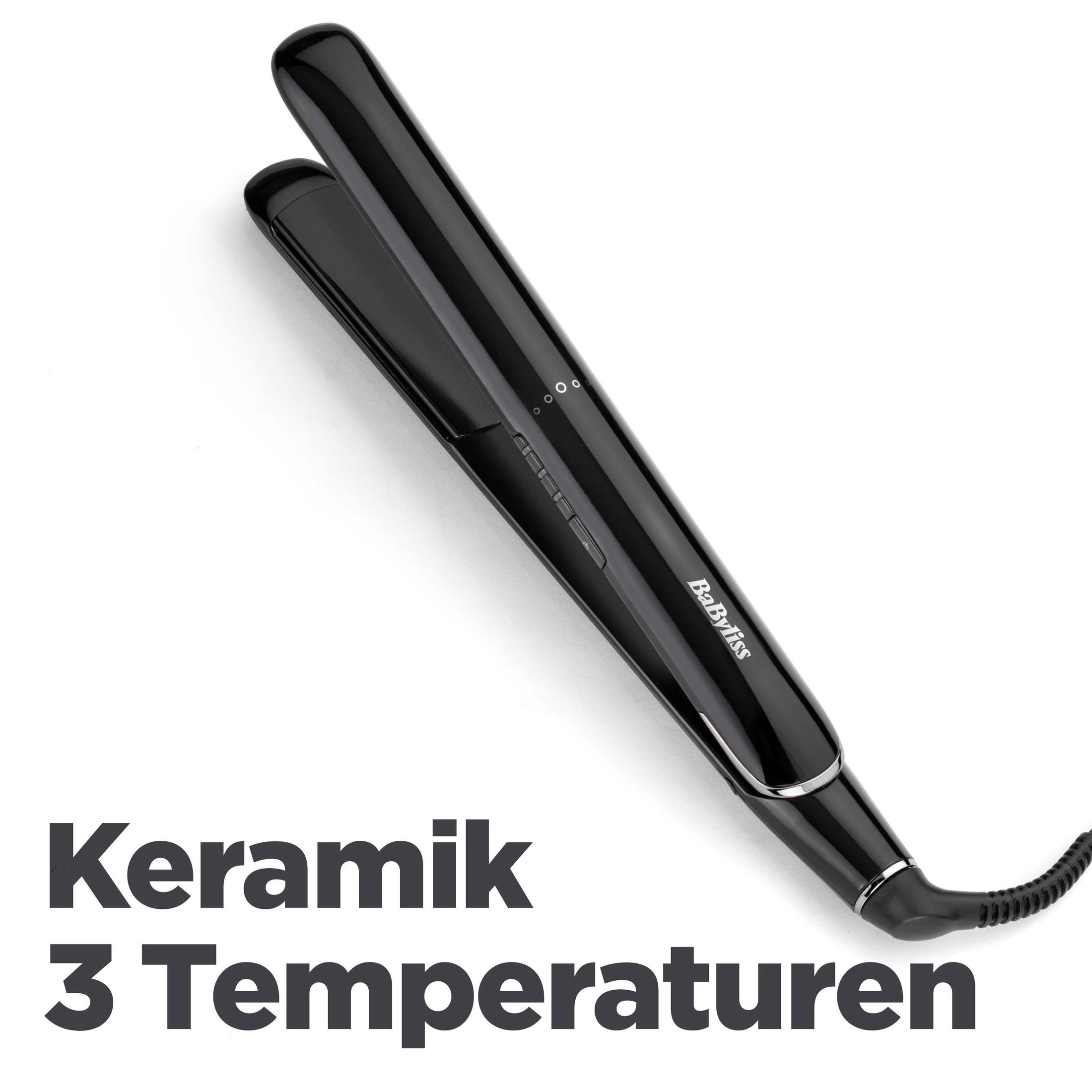Una piastra per capelli nera, con le parole 'Keramik 3 Temperaturen' sotto. Sfondo bianco.