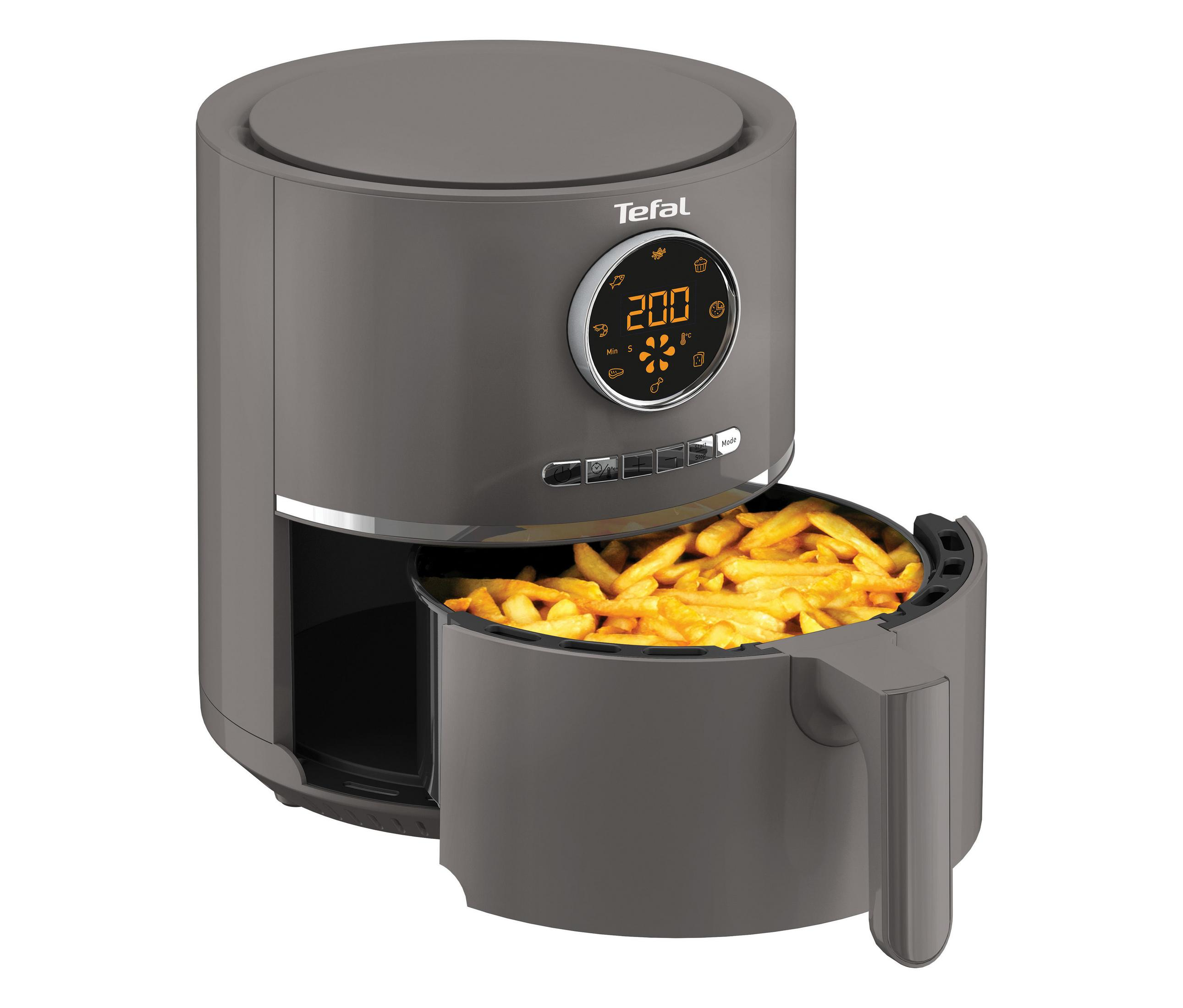 Szara frytownica powietrzna z otwartym koszem pełnym frytek, wyświetlacz cyfrowy 200 stopni.