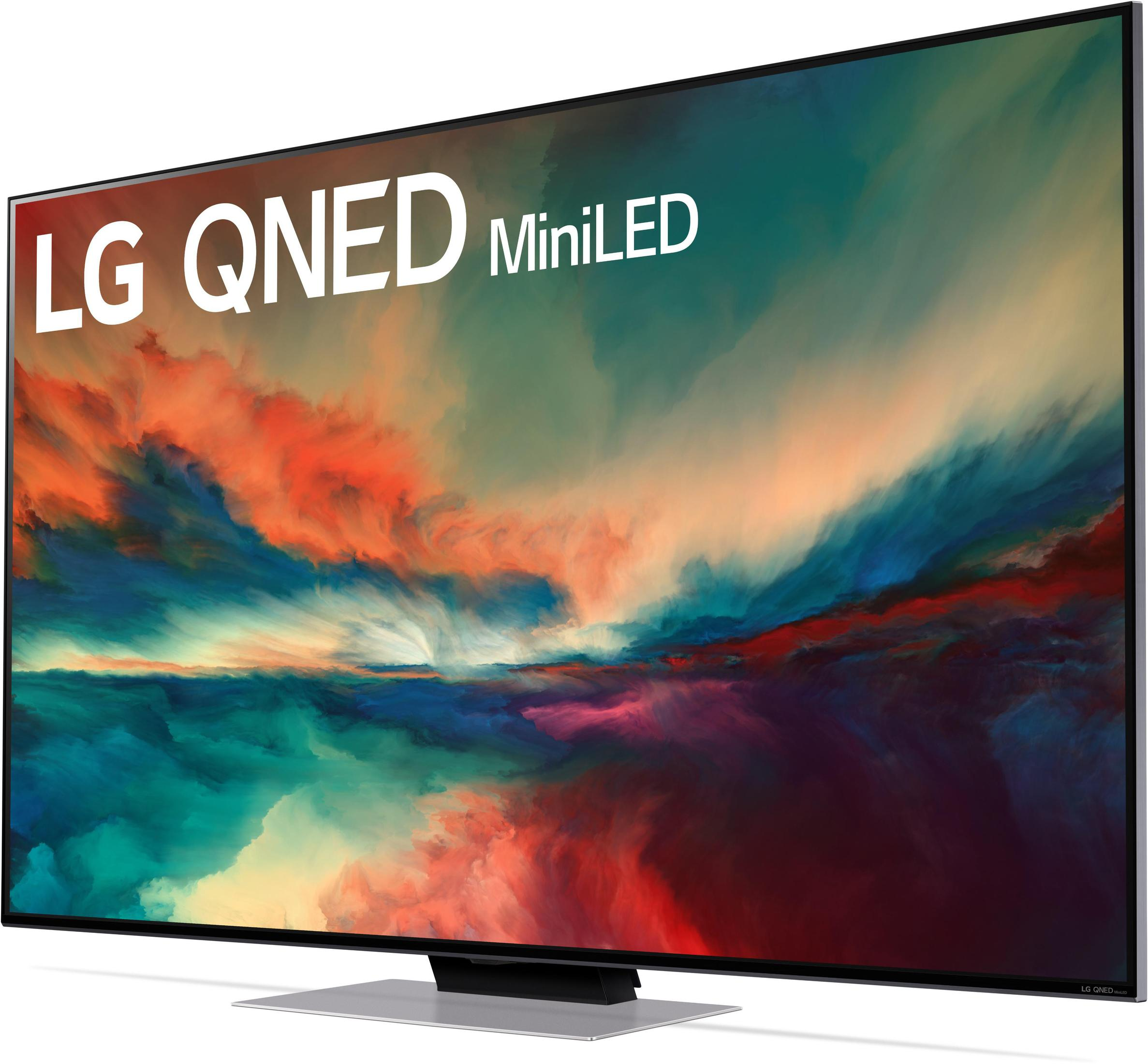Telewizor LG QNED MiniLED z kolorowym abstrakcyjnym obrazem na ekranie.