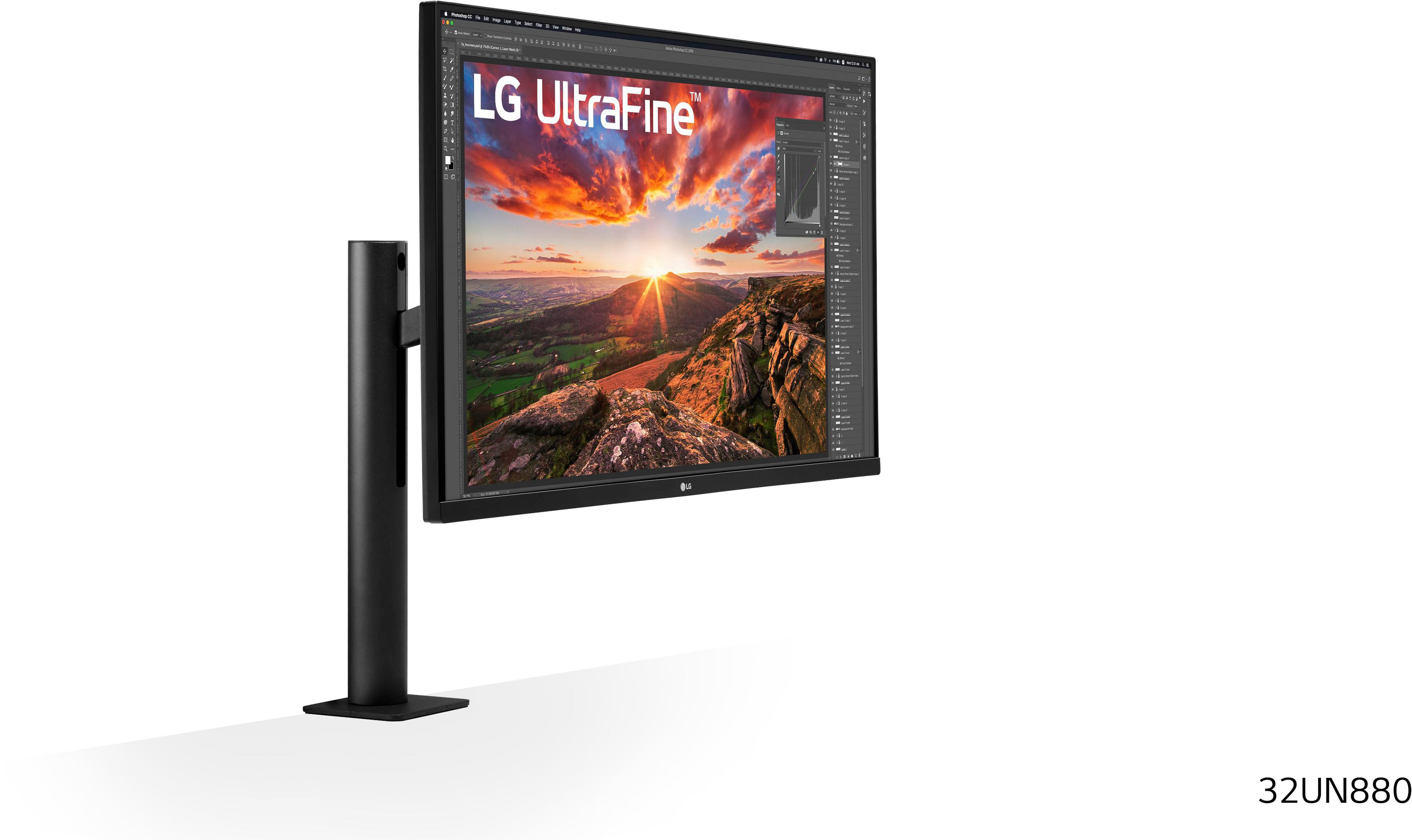 Monitor LG UltraFine con supporto, che mostra un'immagine. Sfondo bianco. Cornice e supporto neri.