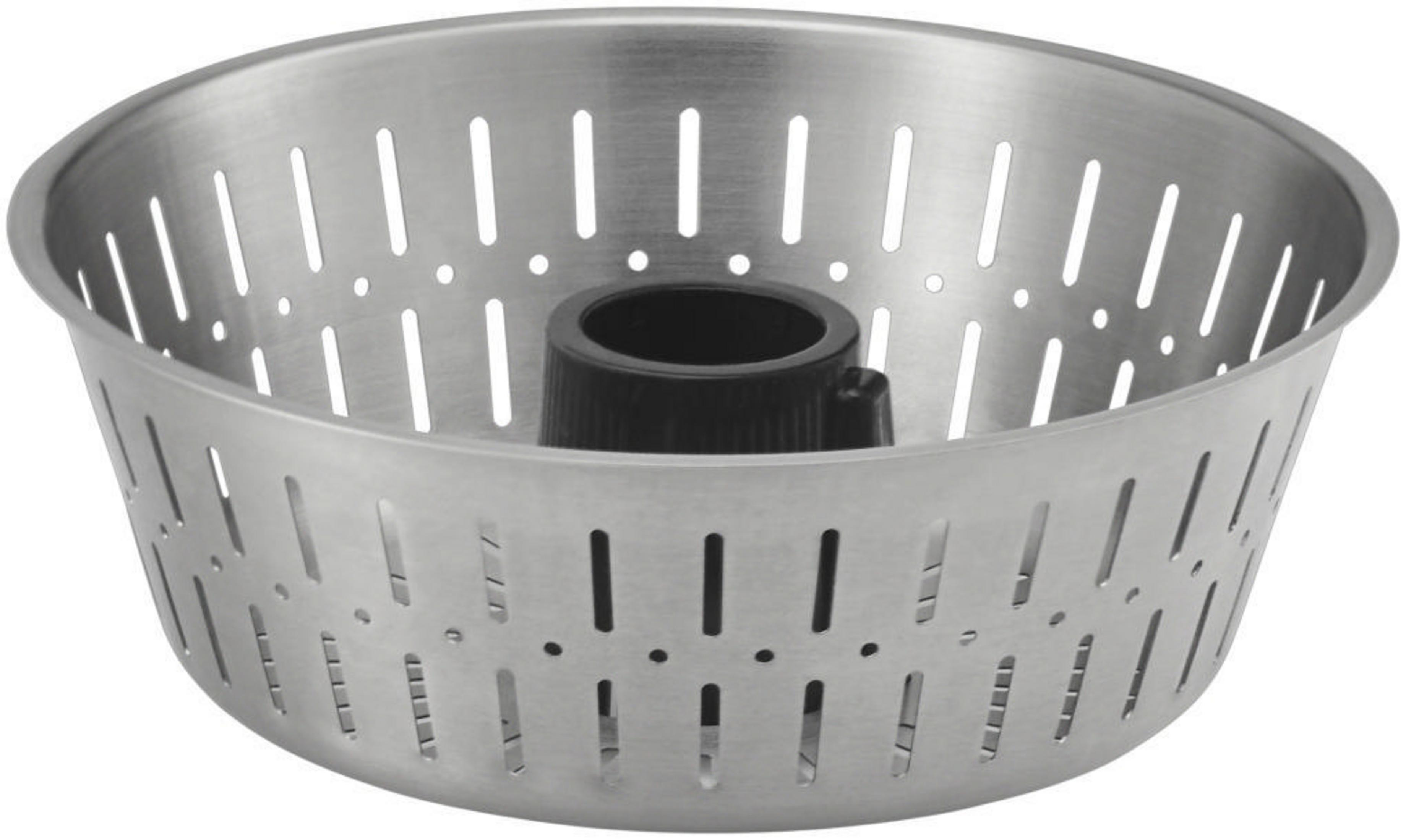 Koszyk do gotowania na parze ze stali nierdzewnej z czarnym środkiem. Perforowana konstrukcja. Izolowany na białym tle.