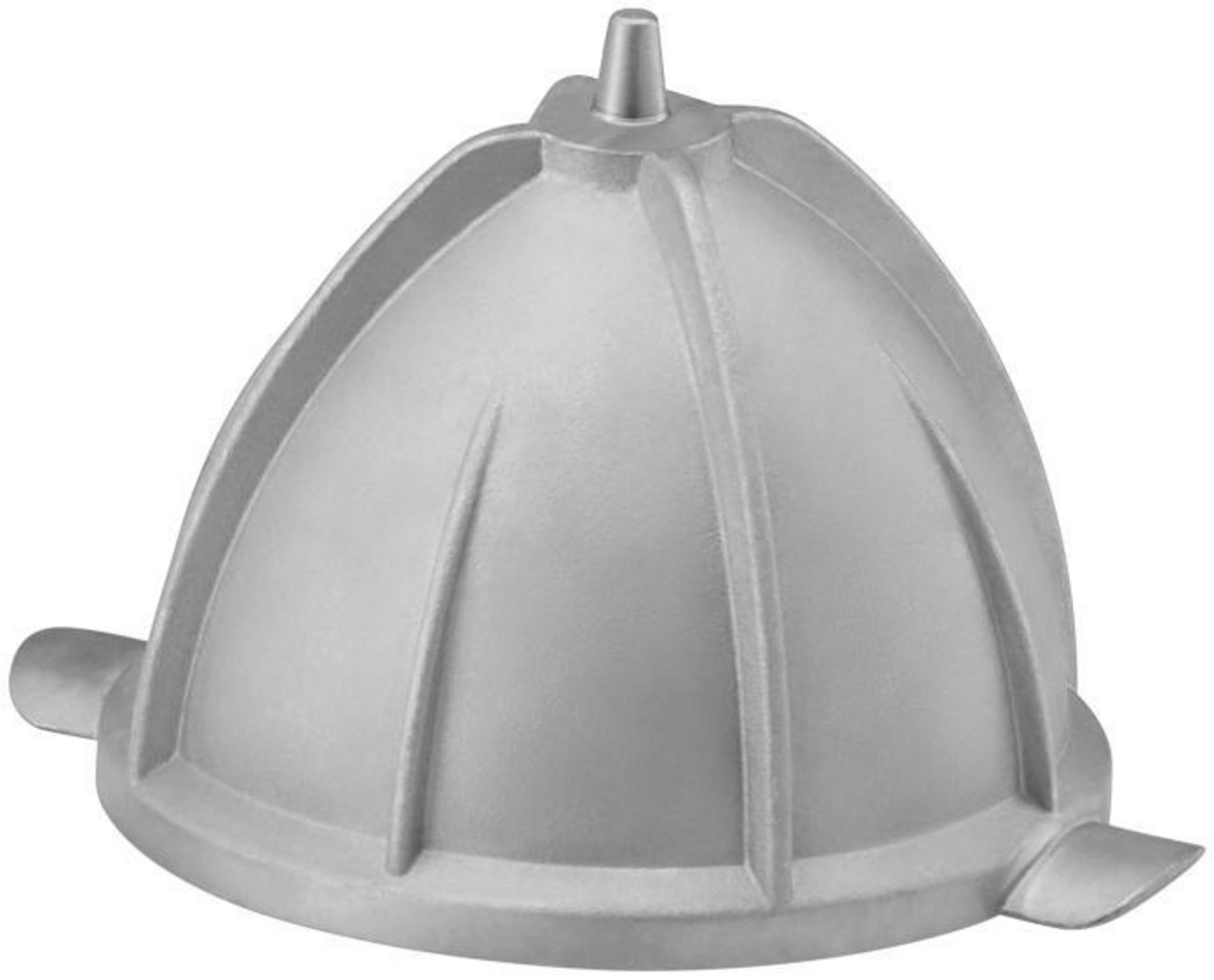 Srebrna stożkowa część wyciskarki do cytrusów, na białym tle. Ma rowki i wylew.