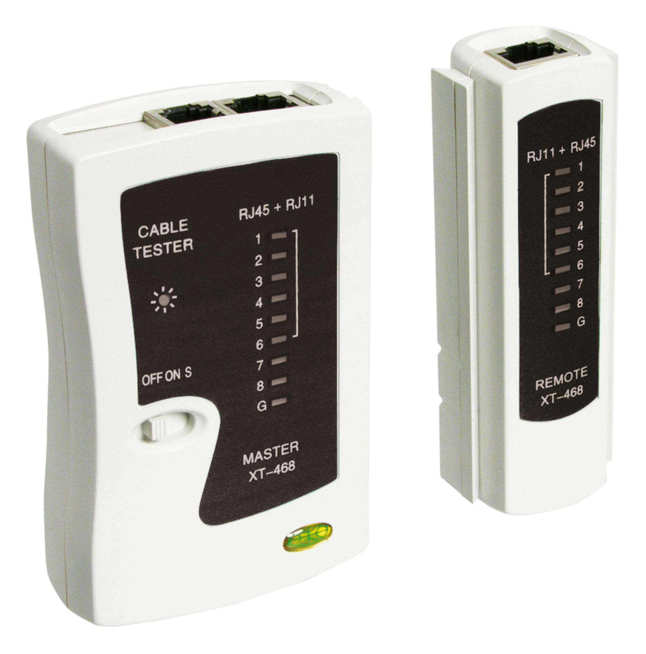 Weißer Kabeltester mit RJ45- und RJ11-Anschlüssen. Eine separate Remote-Einheit rechts.