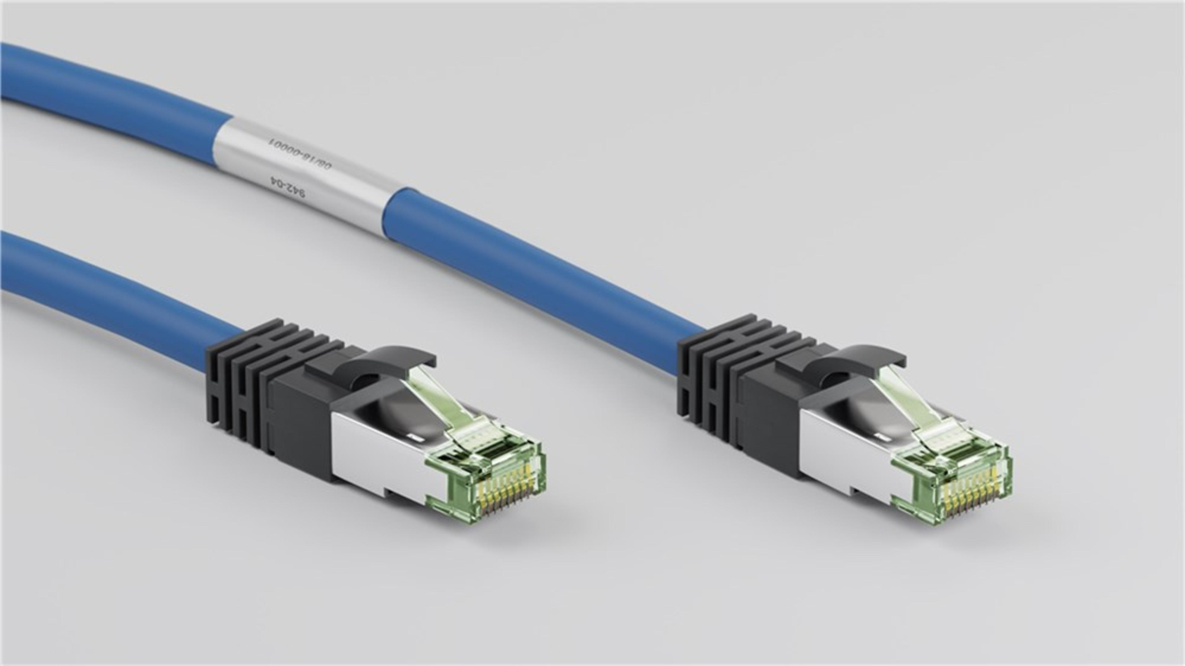 Due cavi Ethernet blu con connettori, su superficie grigio chiaro.
