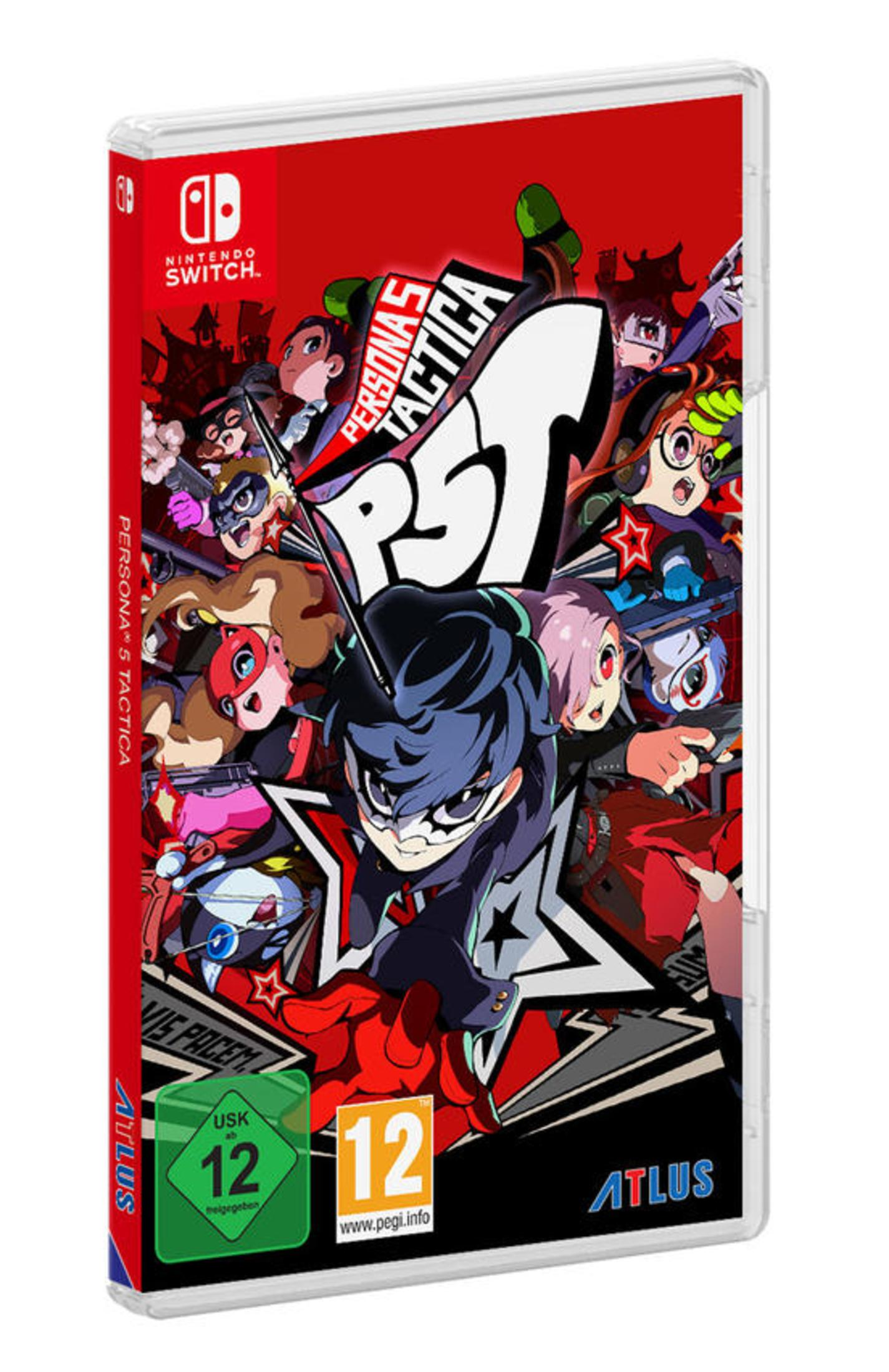 Videospiel-Hülle: "Persona 5 Tactica" mit Anime-Charakteren. Das Cover ist hauptsächlich rot und schwarz.