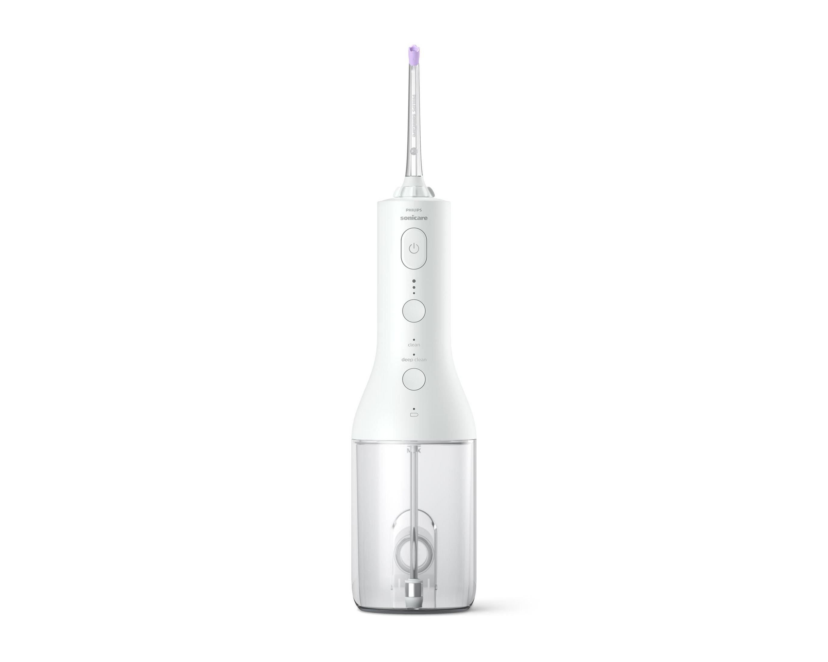Idropulsore Philips Sonicare bianco con serbatoio trasparente.