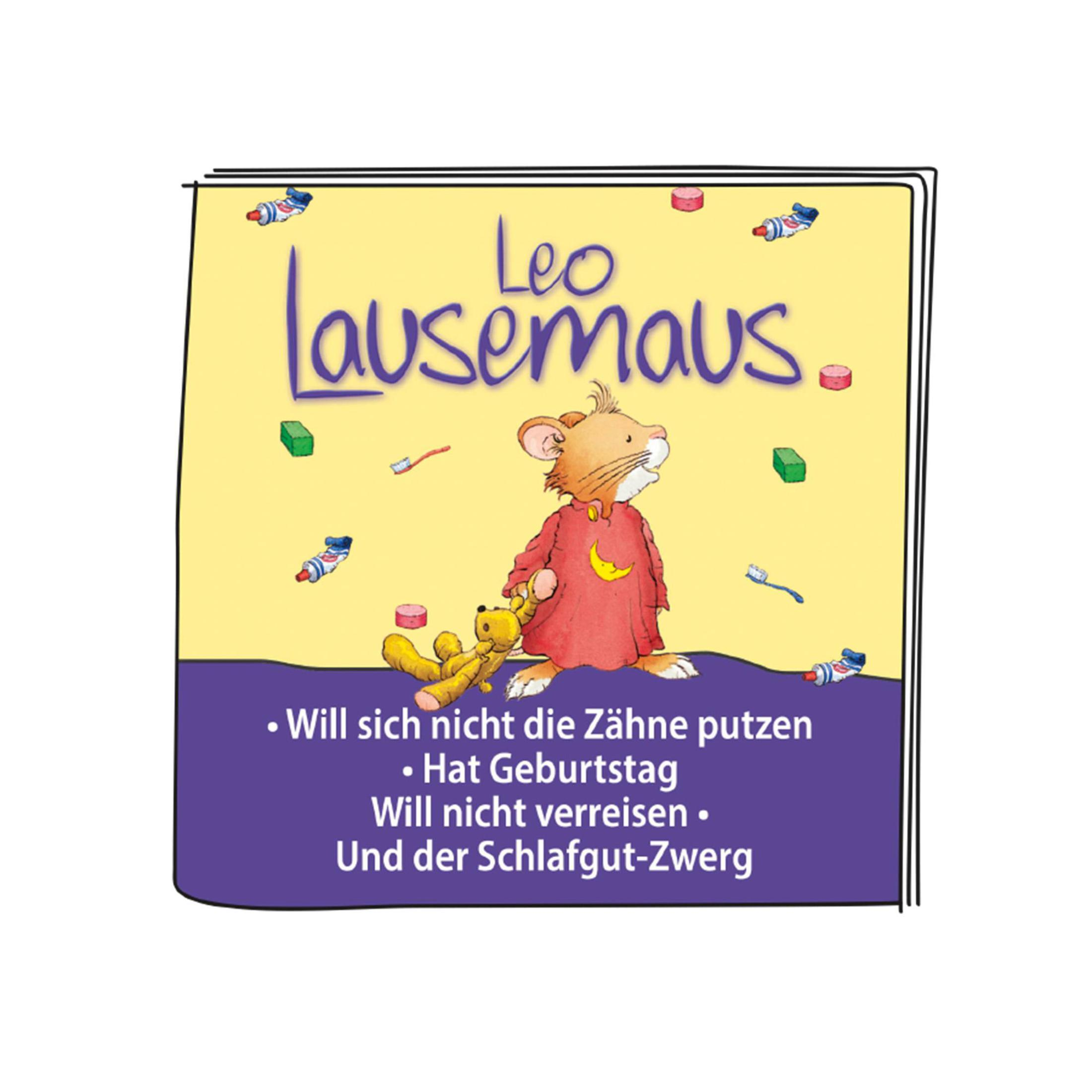 Kinderbuchcover mit Cartoon-Maus. Lila Hintergrund. Deutscher Text.