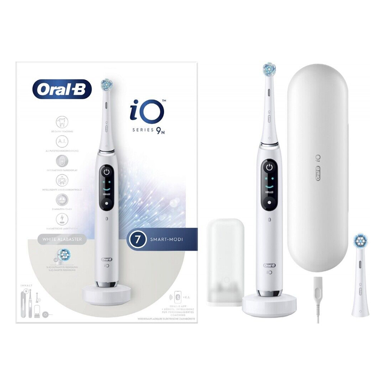 Dwie elektryczne szczoteczki do zębów Oral-B iO Series 9N z akcesoriami i opakowaniem.