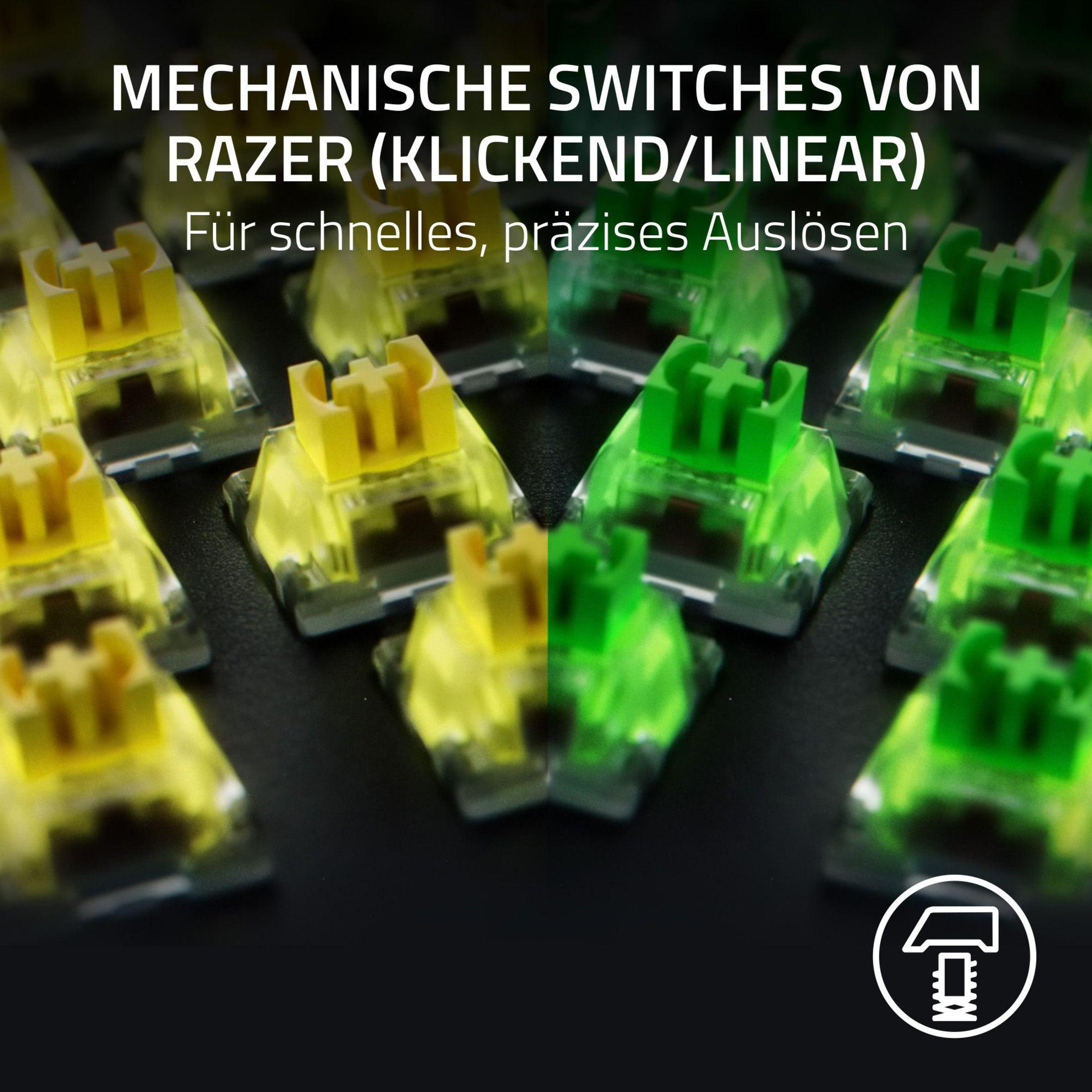 Nahaufnahme von gelben und grünen mechanischen Tastaturschaltern auf schwarzem Hintergrund. Razer-Logo sichtbar.