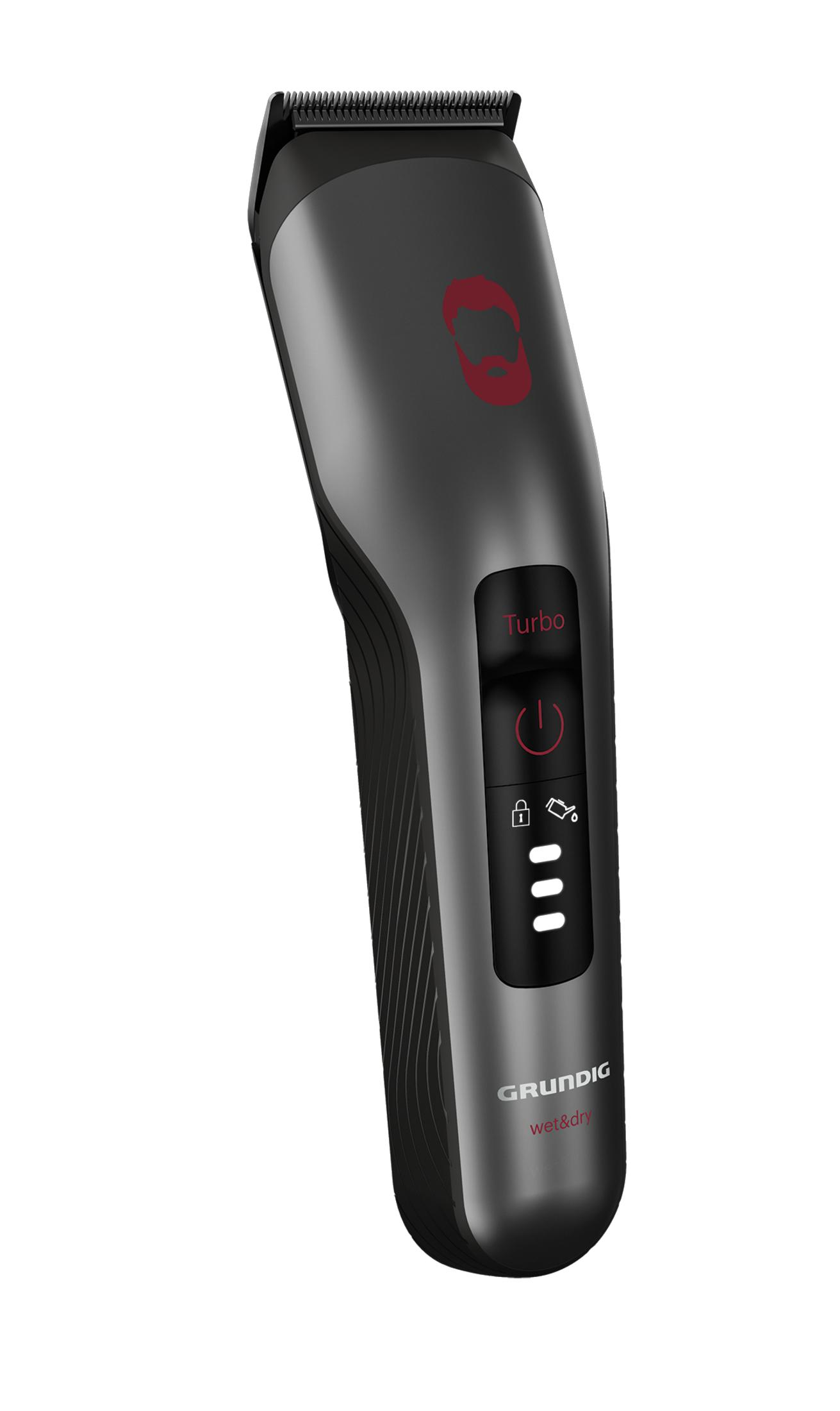 Ciemnoszara elektryczna maszynka do brody. Czarne przyciski. Czerwone logo brody. Izolowane.