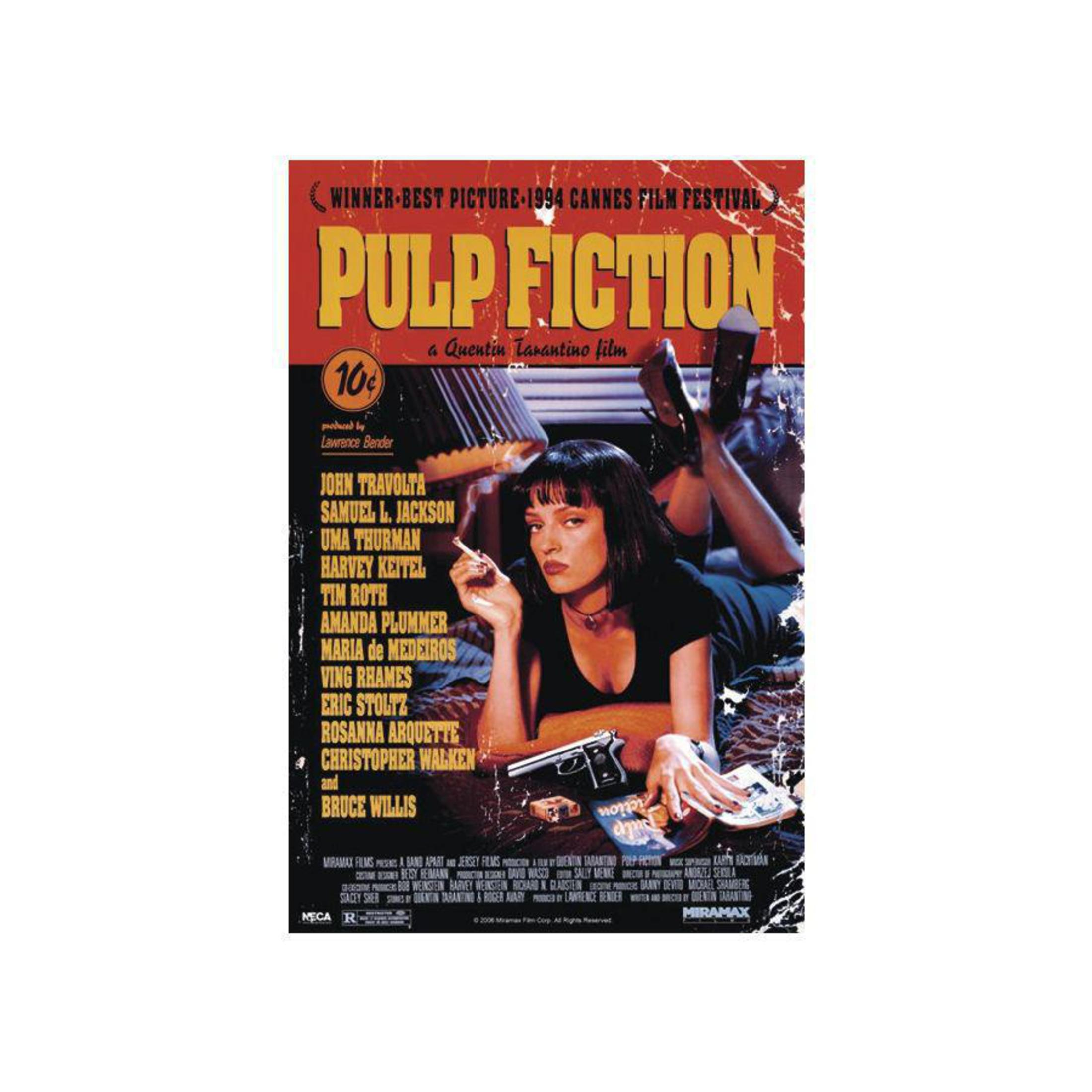 Pulp Fiction-Filmposter mit John Travolta und Uma Thurman. Das Poster hat Text und Schwarz-Weiß-Bilder.