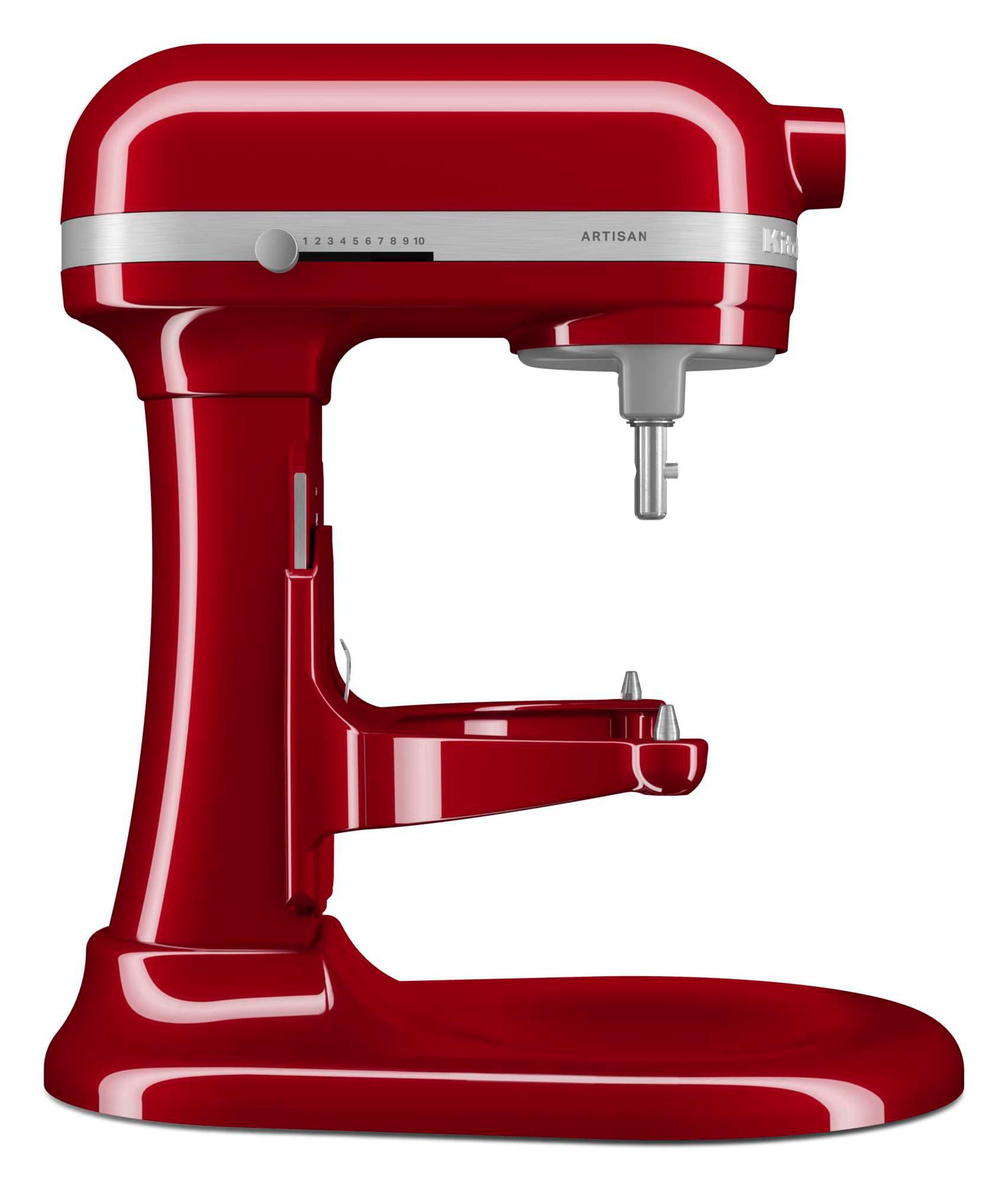 Roter KitchenAid-Küchenmixer auf weißem Hintergrund. Er hat einen Schüsselaufsatz und einen Geschwindigkeitsregler.