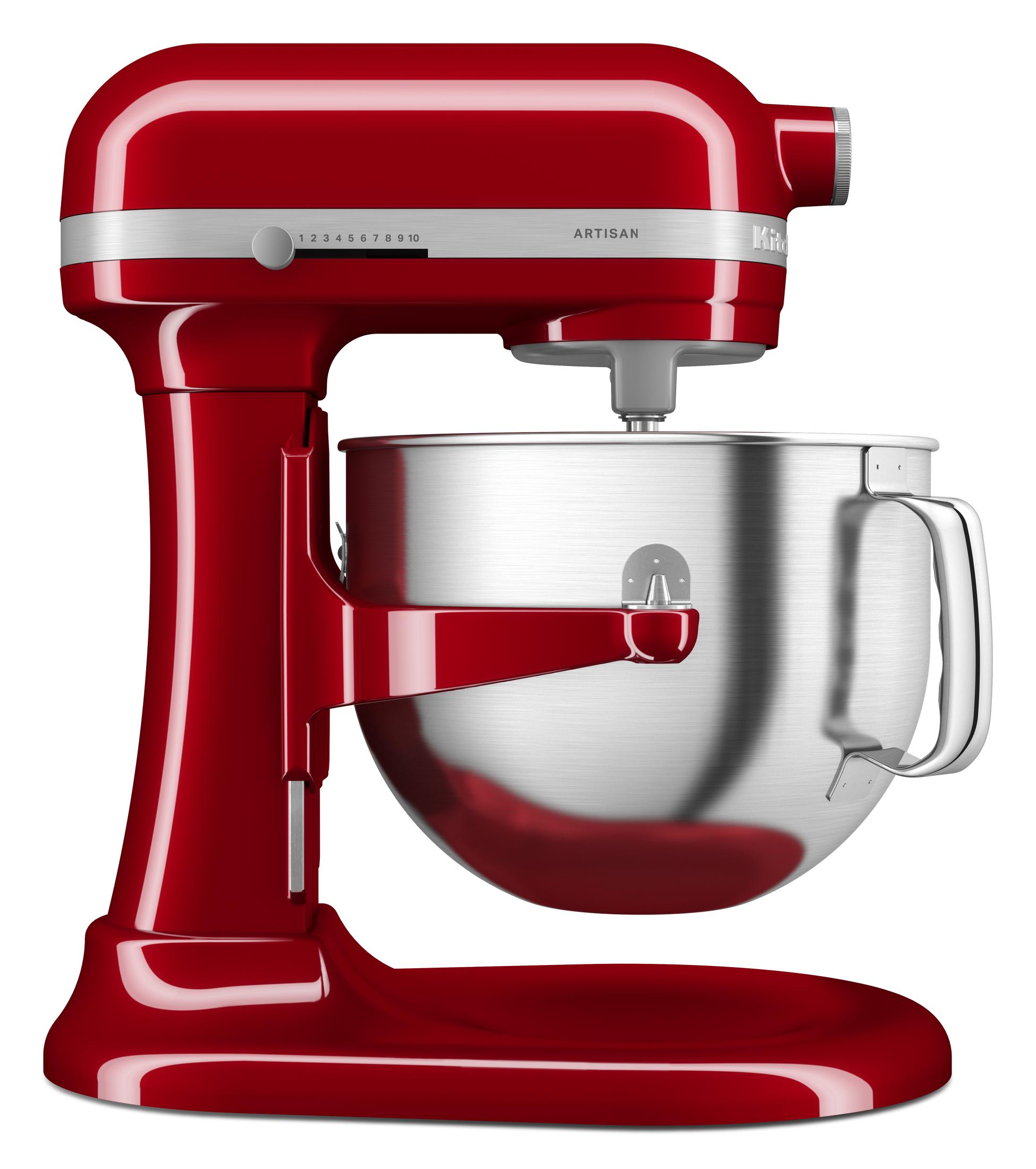 Roter KitchenAid-Mixer. Edelstahlschüssel. Weißer Hintergrund. Artisan-Modell.