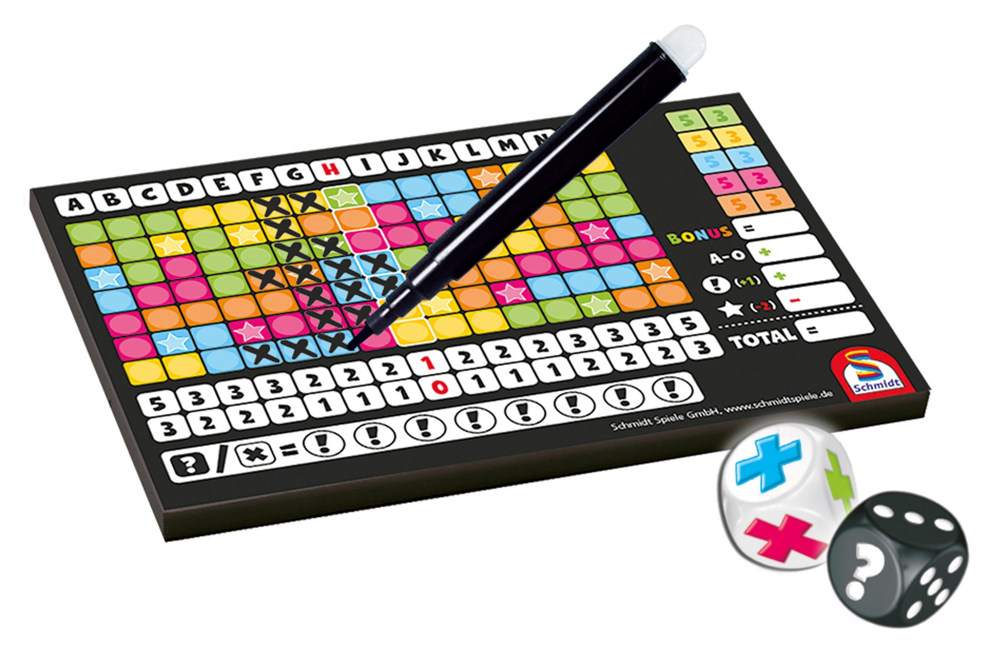 Brettspiel mit Würfeln und Stift. Bunte Quadrate und Zahlen.