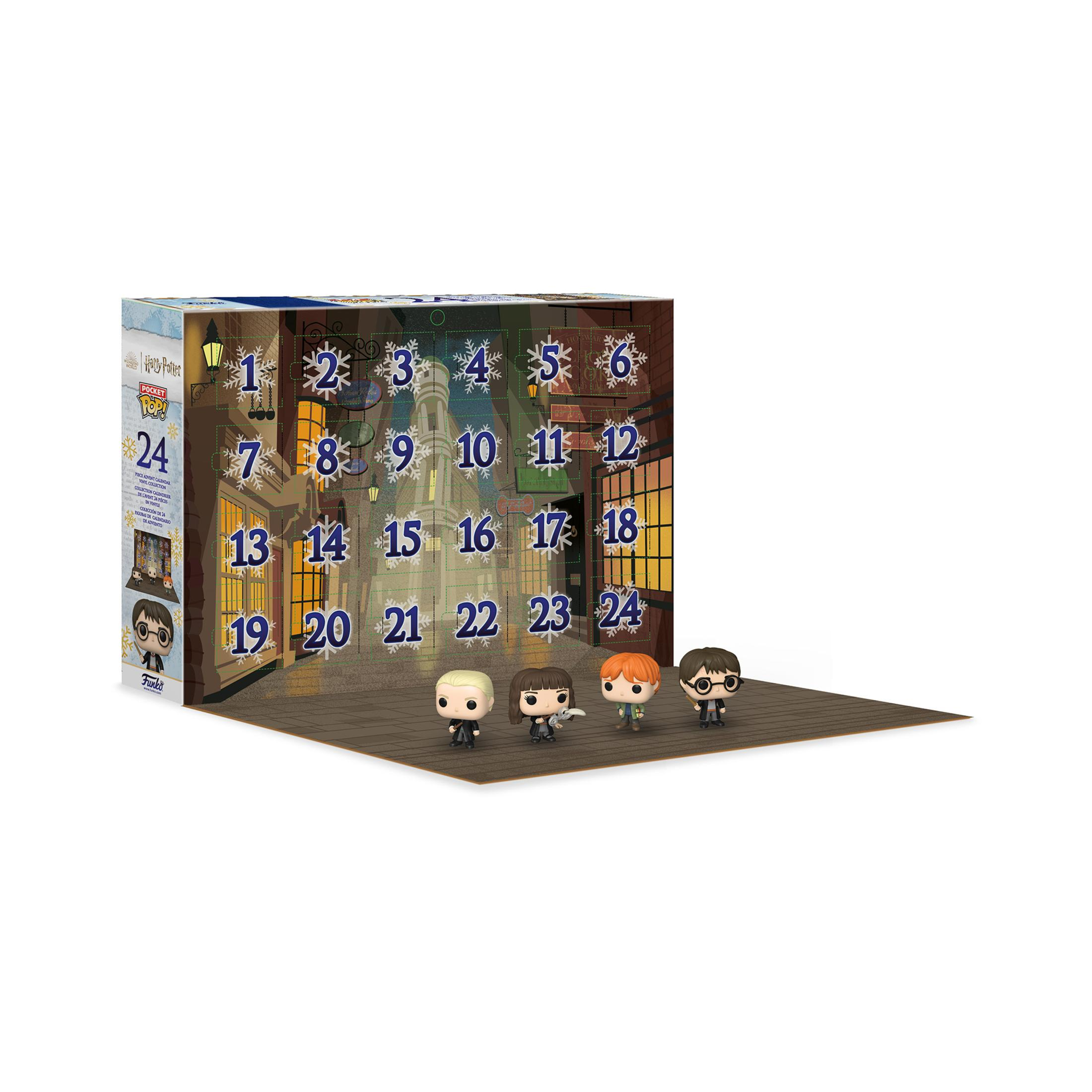 Adventskalender mit nummerierten Türen, mit Harry Potter Figuren. Einige Figuren sind vorne sichtbar.
