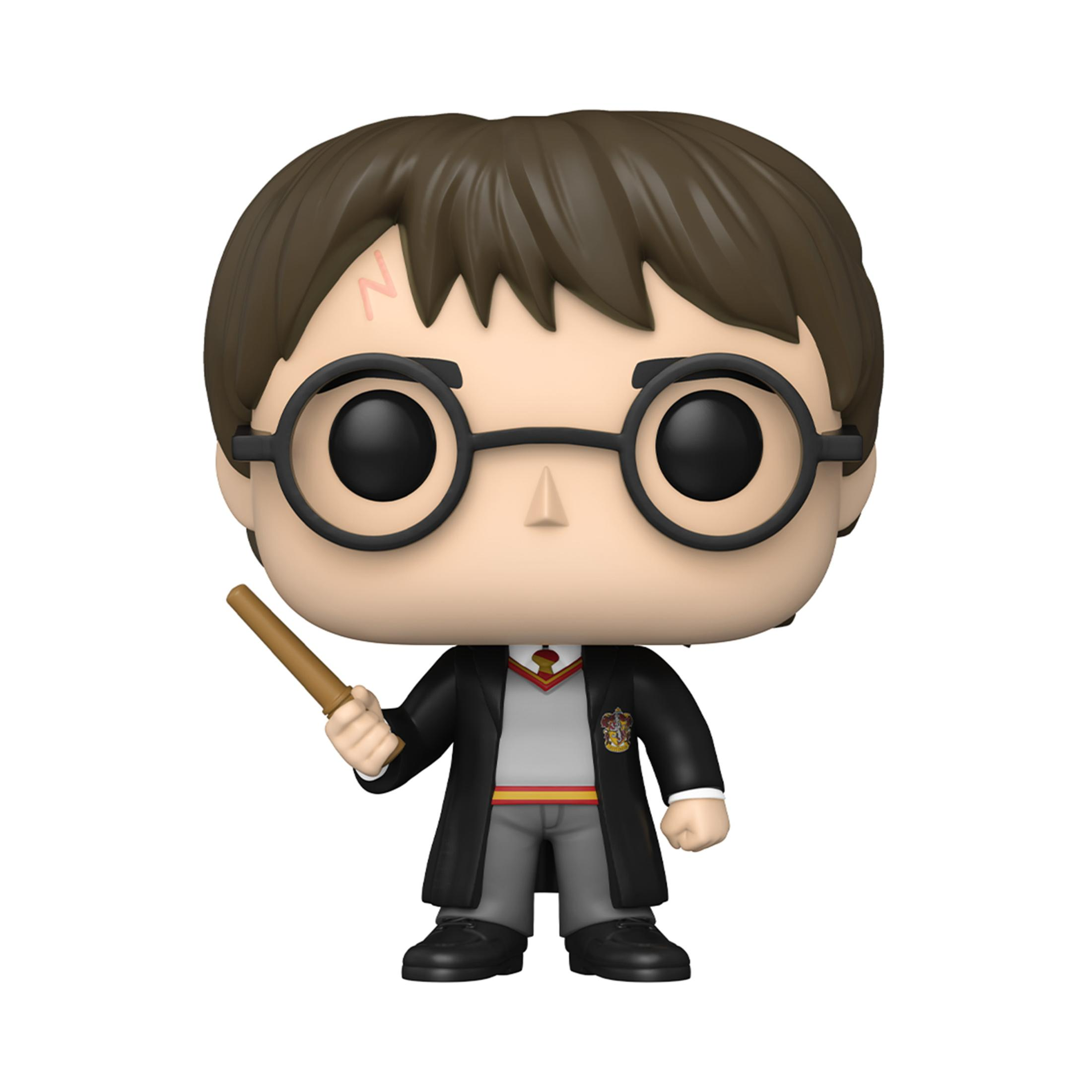 Harry Potter Funko Pop Figur mit Zauberstab. Schwarze Brille, Narbe. Weißer Hintergrund.
