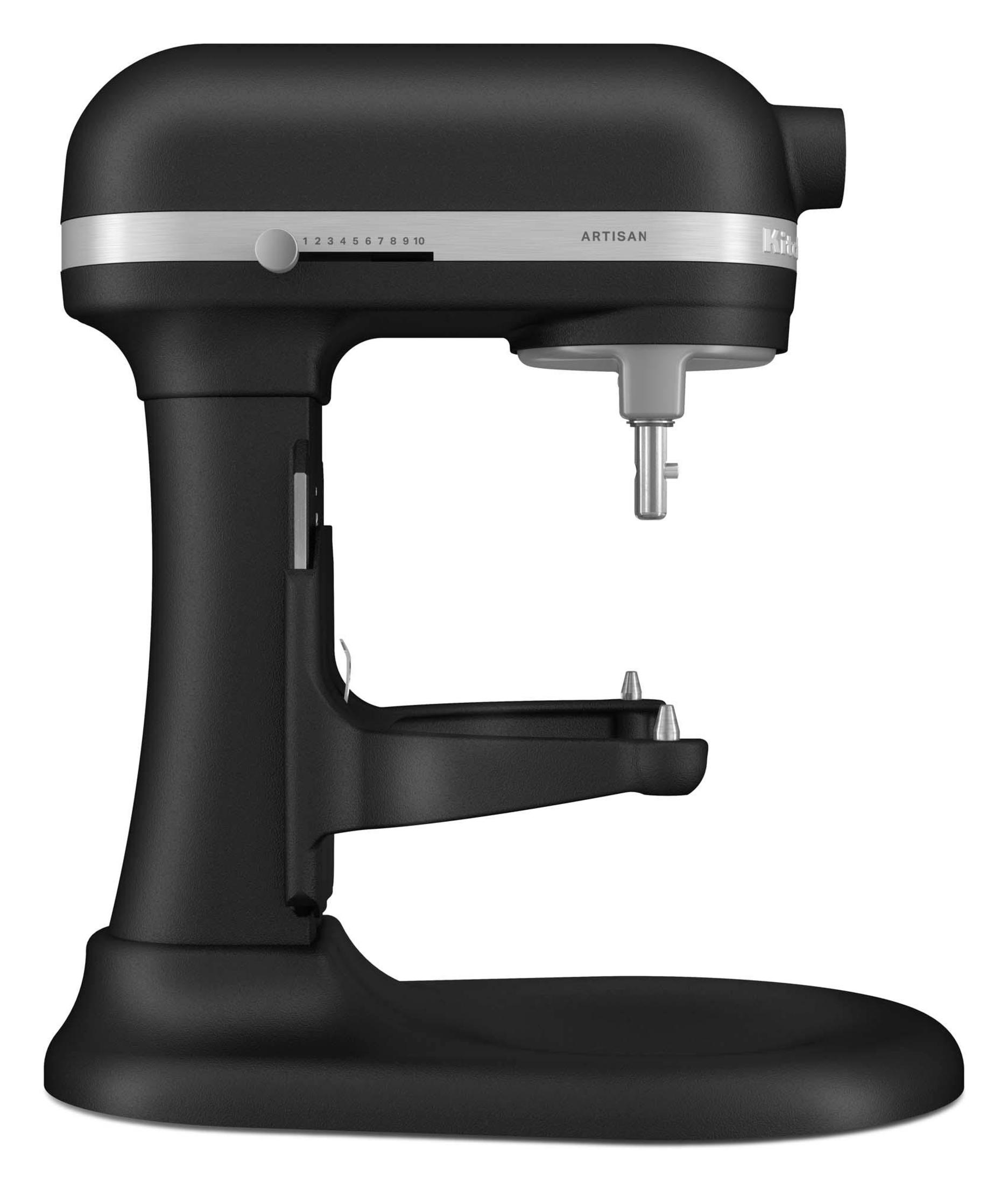 Siyah KitchenAid mikser. Kase kaldırma tasarımı ve hız kontrol kadranı. Gümüş bant.