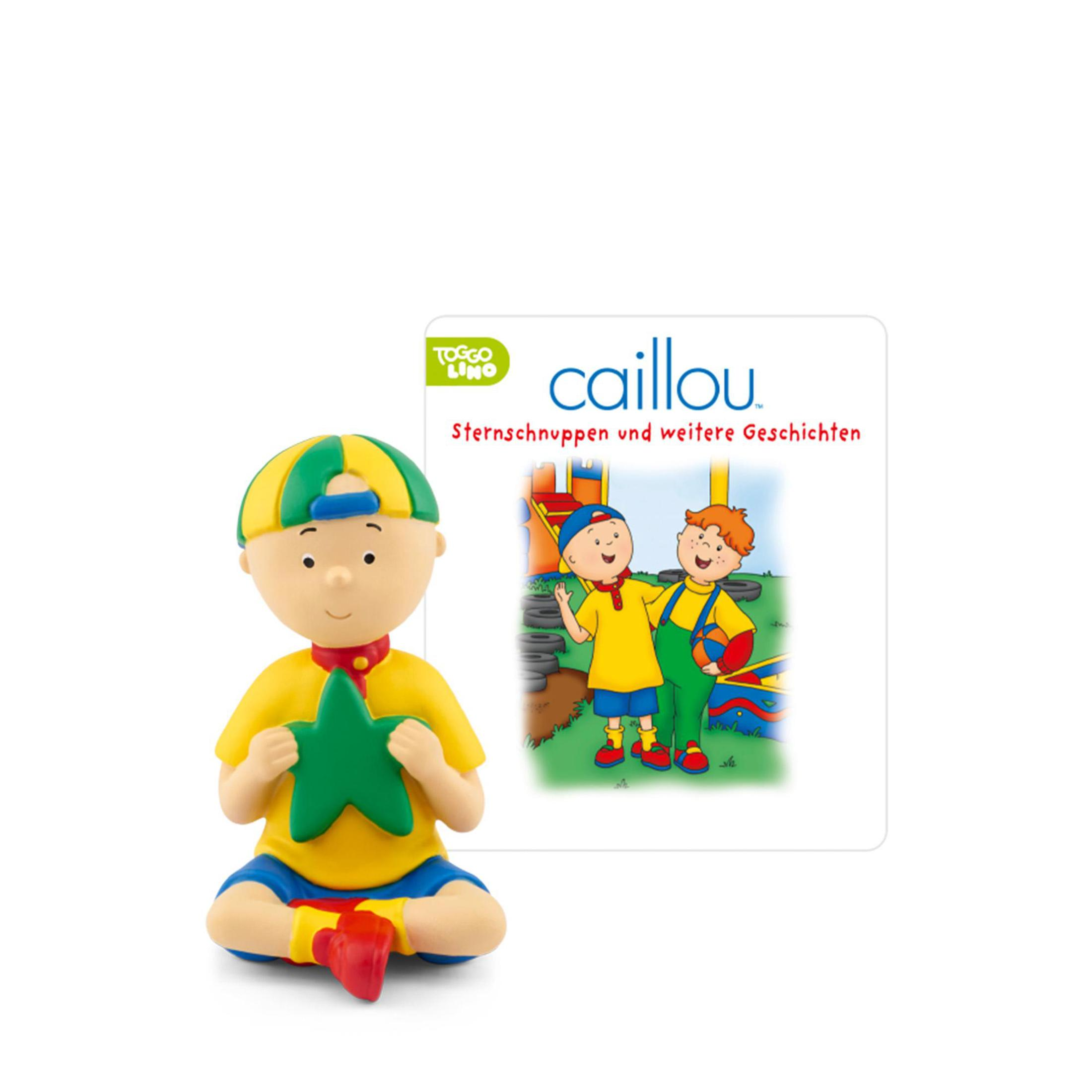Caillou-Figur mit Stern, Buch und weißem Hintergrund.