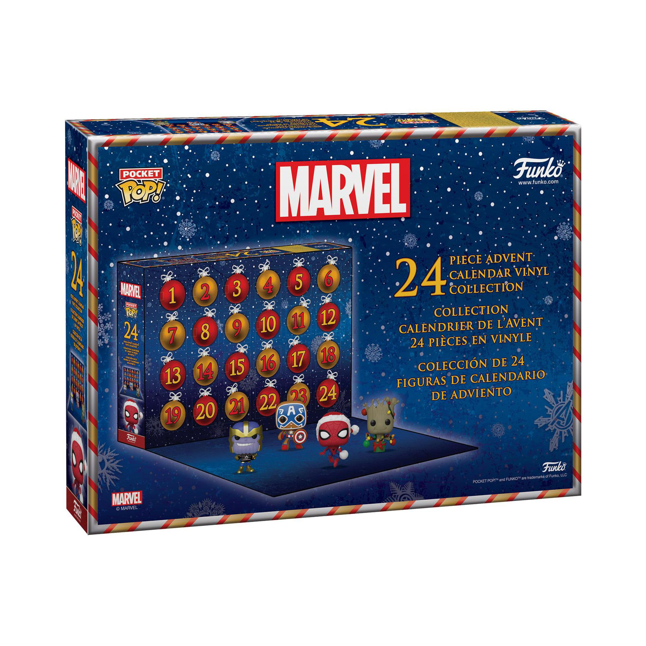 Marvel Adventskalender-Box mit Zahlen und kleinen Figuren von Marvel-Charakteren.