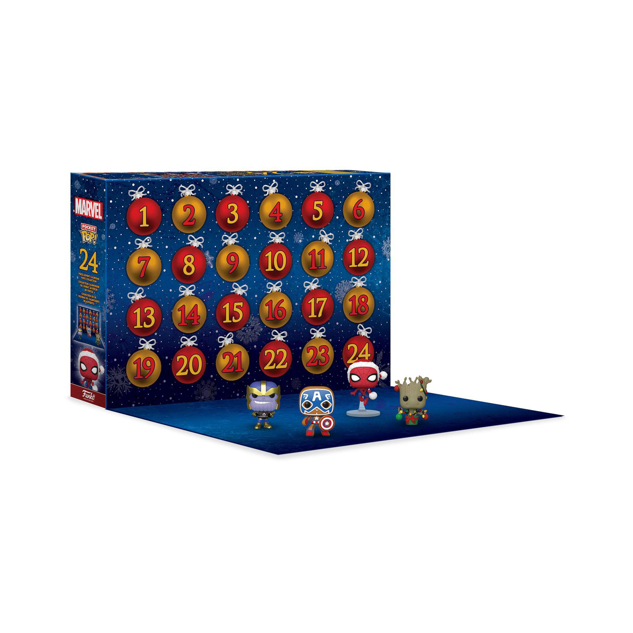 Ein Adventskalender mit Marvel-Figuren. Die Vorderseite zeigt die Zahlen, die Figuren befinden sich unten.