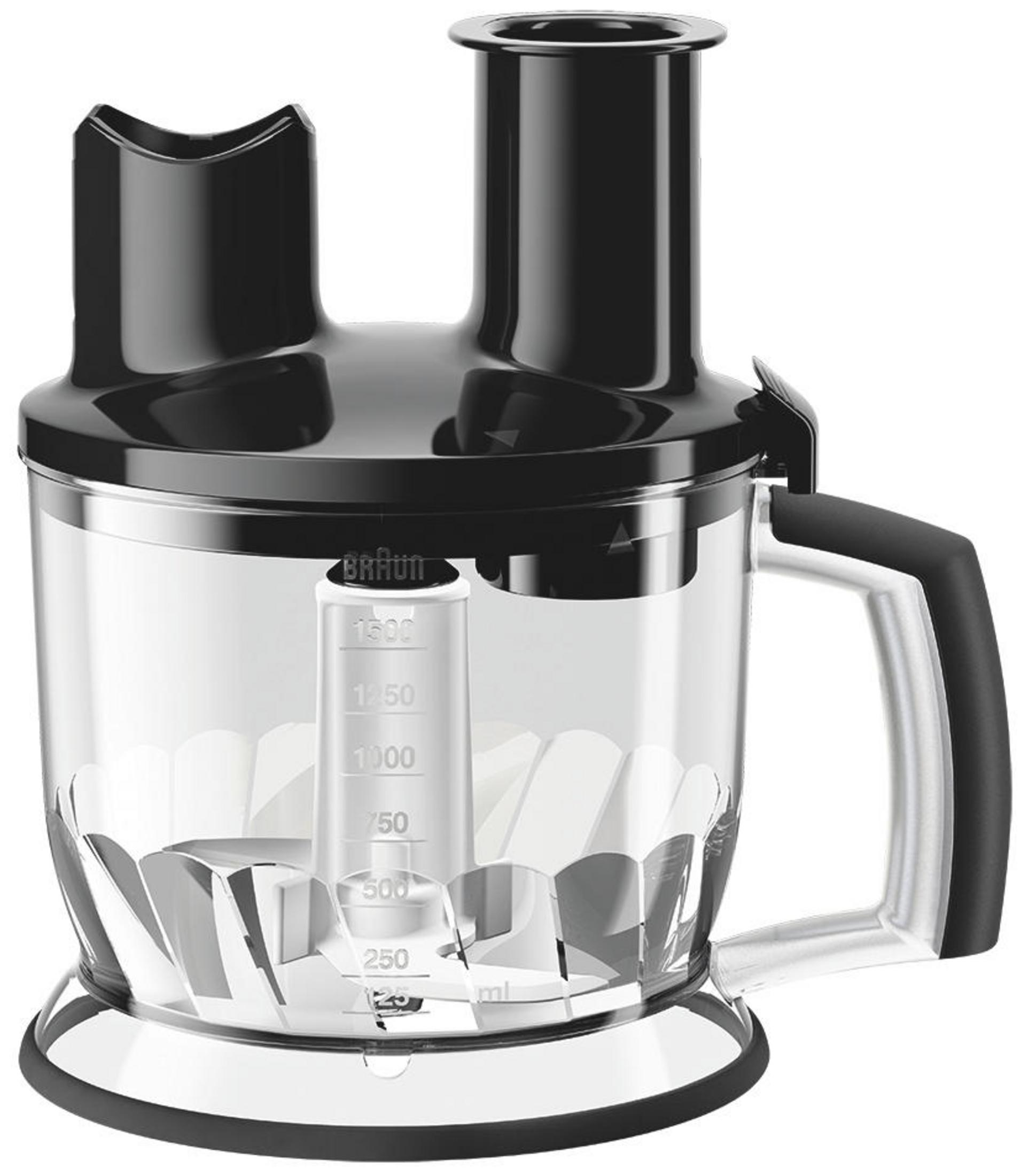 Şeffaf bir kap, siyah bir üst ve beyaz bir bıçaklı bir Braun blender.