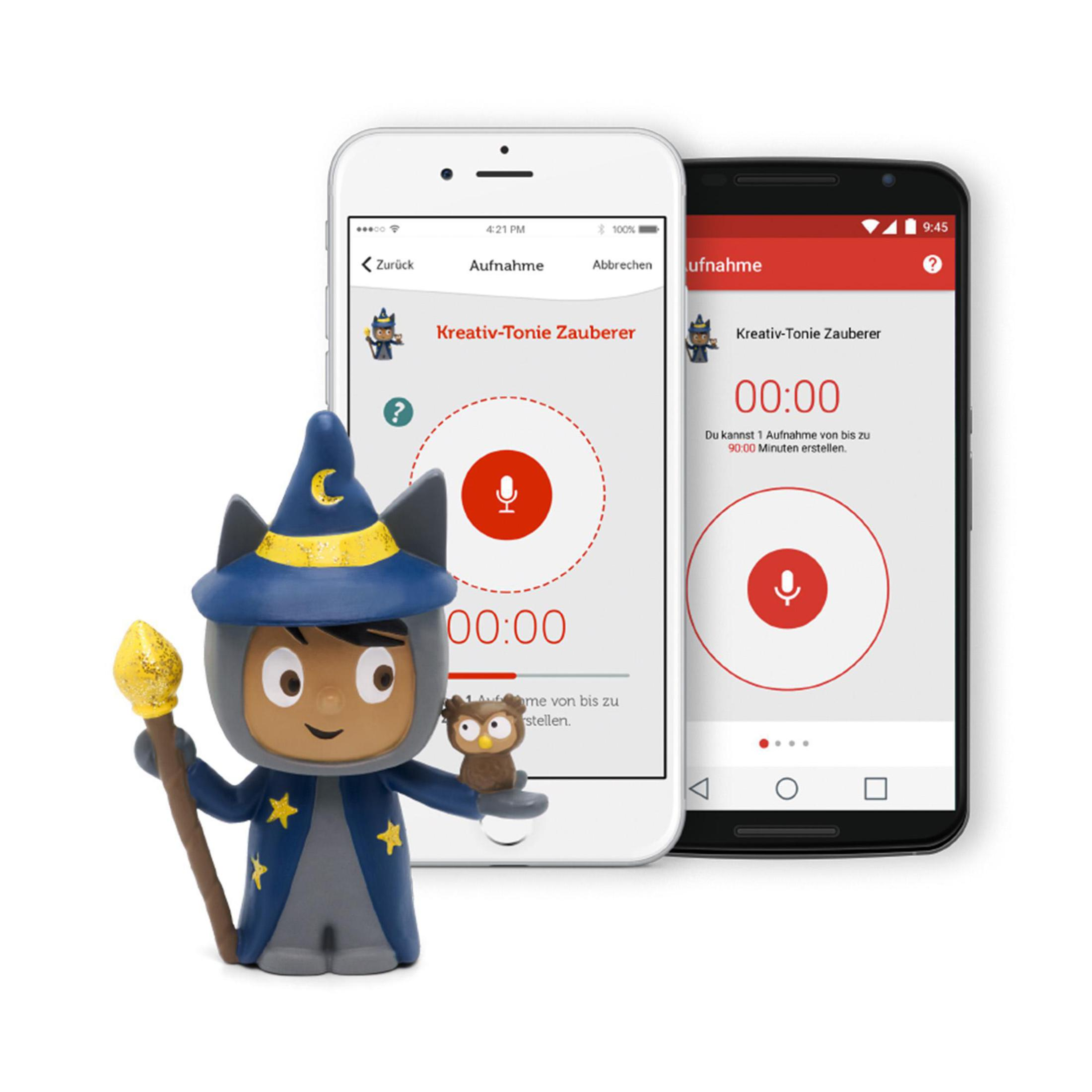 Zwei Smartphones und eine Figur mit Comicfigur, einander gegenüber.