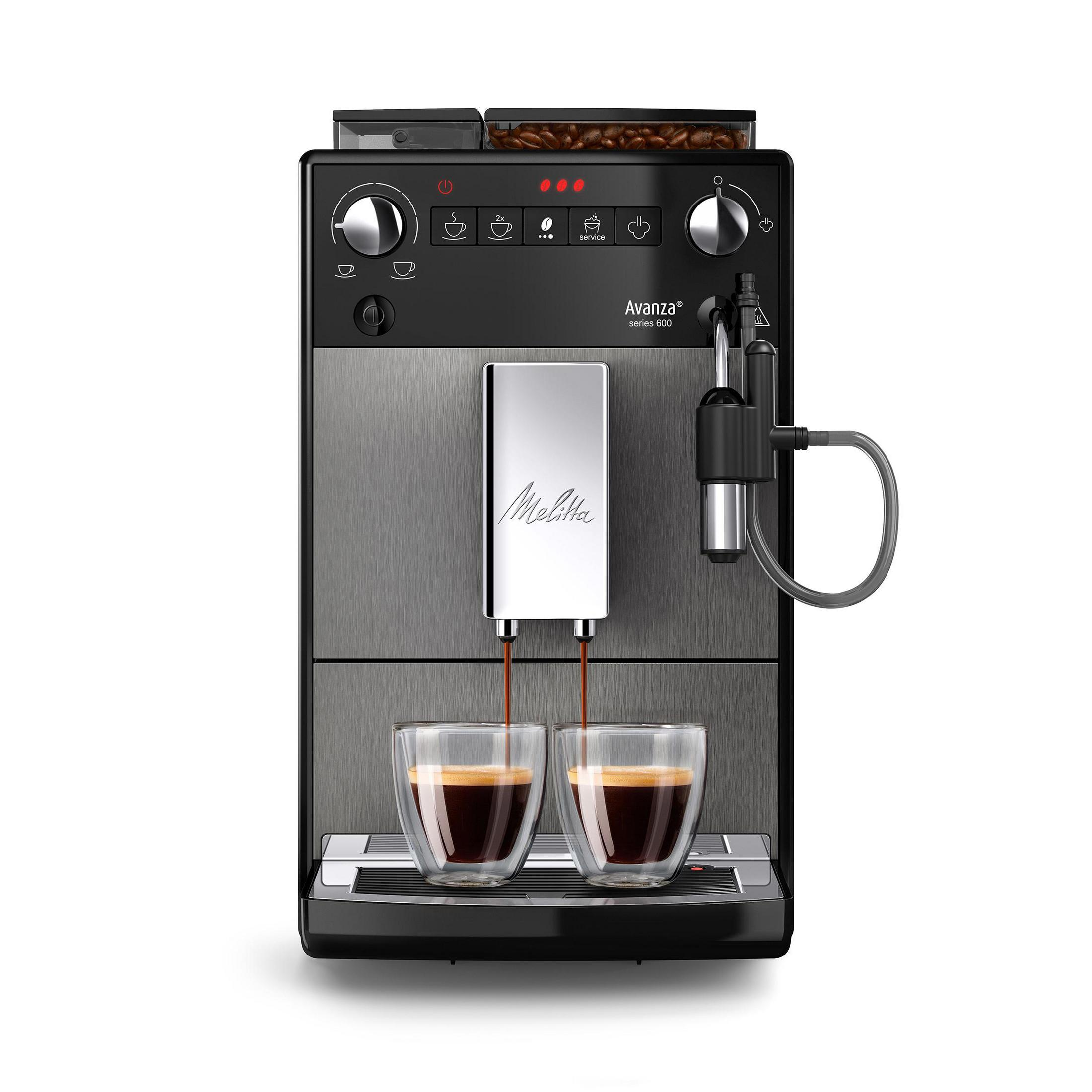 Melitta Avanza koffiemachine, zwart en zilver, met twee koffiekopjes.