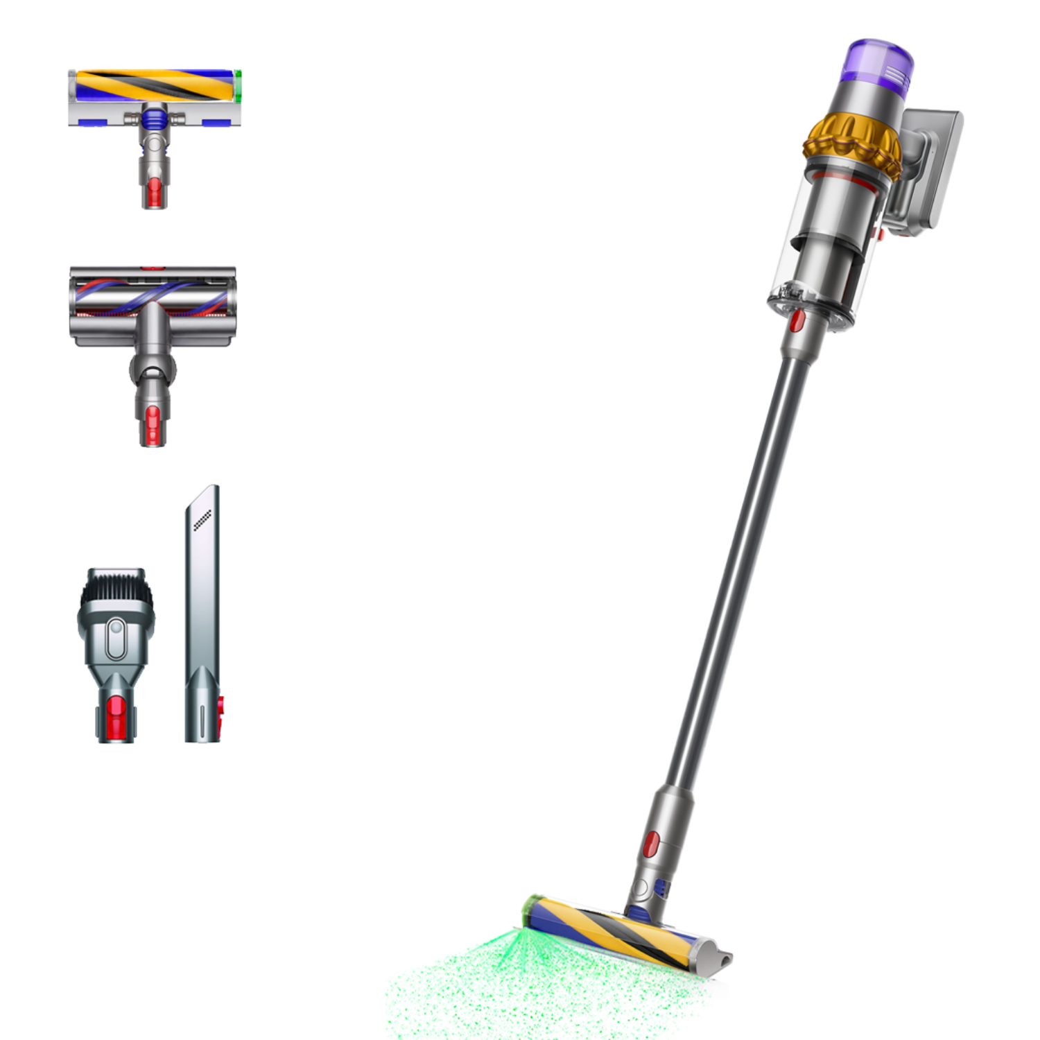 Bezprzewodowy odkurzacz Dyson z akcesoriami. Srebrny i fioletowy, na białym tle.