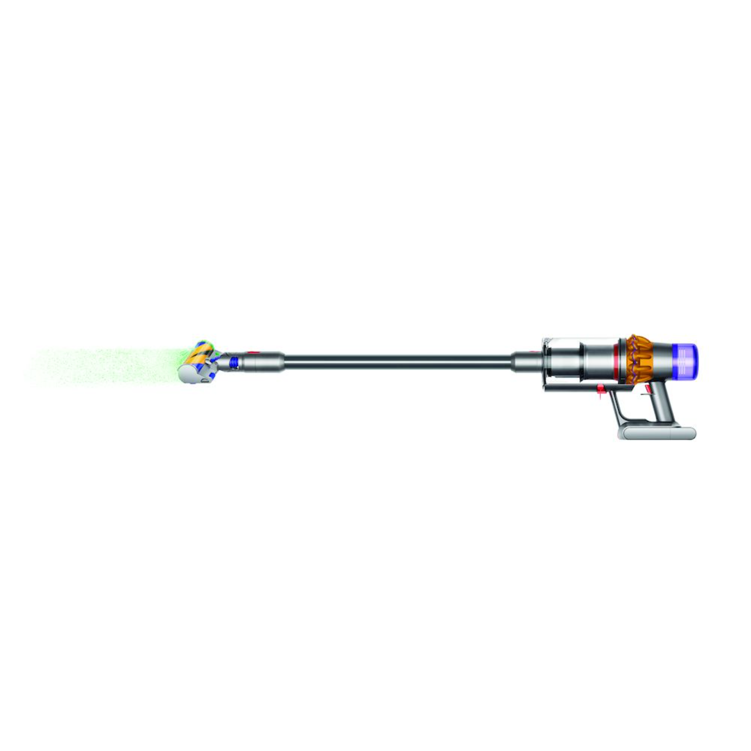 Odkurzacz bezprzewodowy z zielonym światłem emitowanym z głowicy czyszczącej. Jest biało-szary.