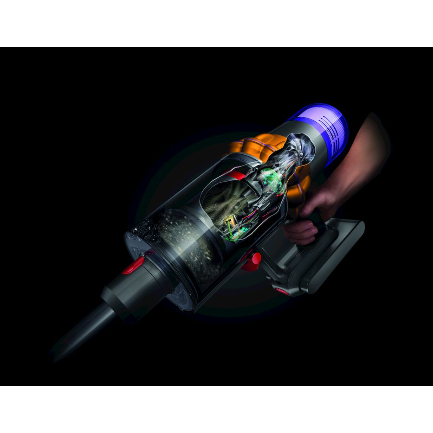 Przekrój odkurzacza Dyson. Czarne tło, widoczne pomarańczowe i niebieskie elementy.