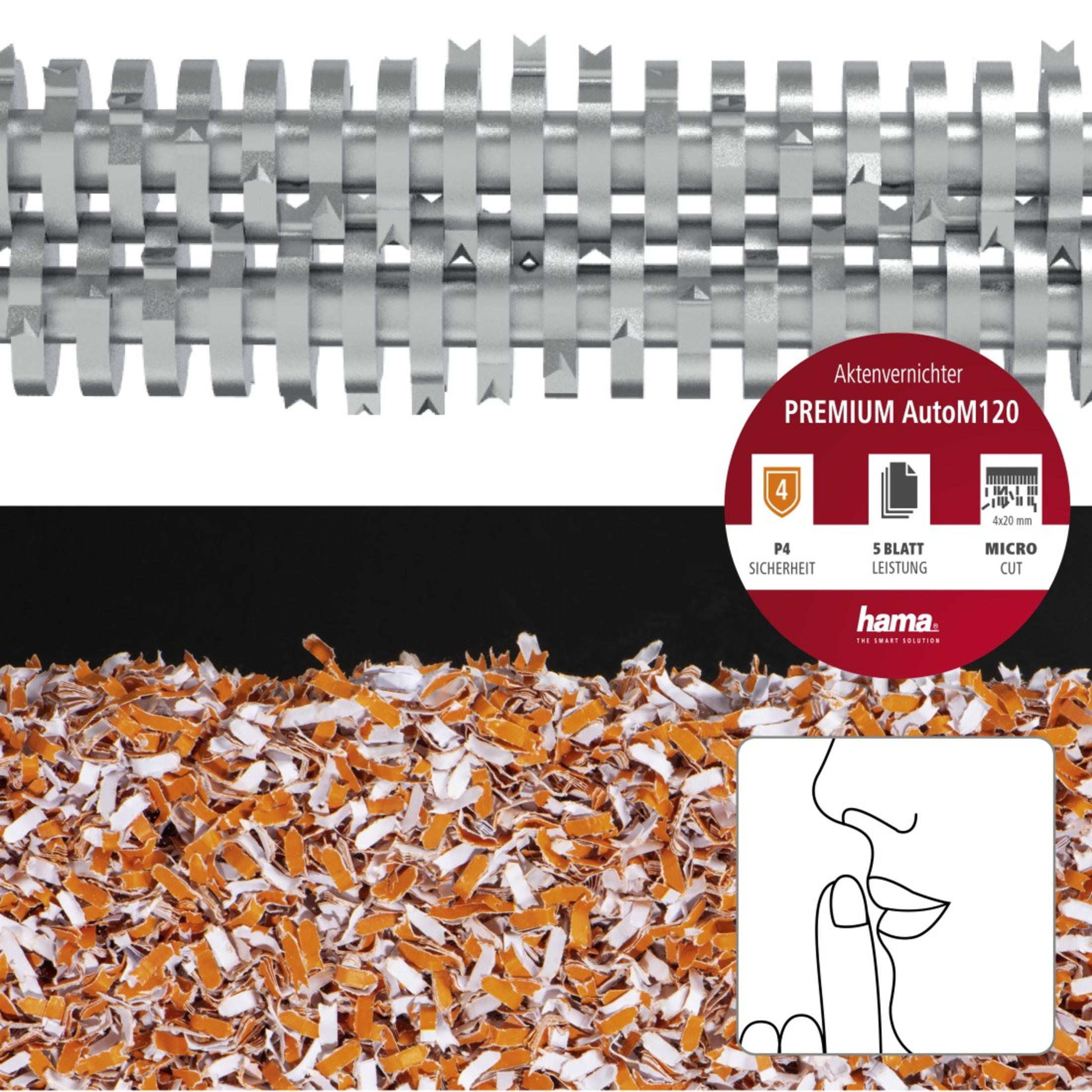 Srebrny mechanizm niszczarki. Pocięty papier na dole. Tekst: Premium AutoM120, zabezpieczenie P4, 5 kartek, Mikro cięcie.