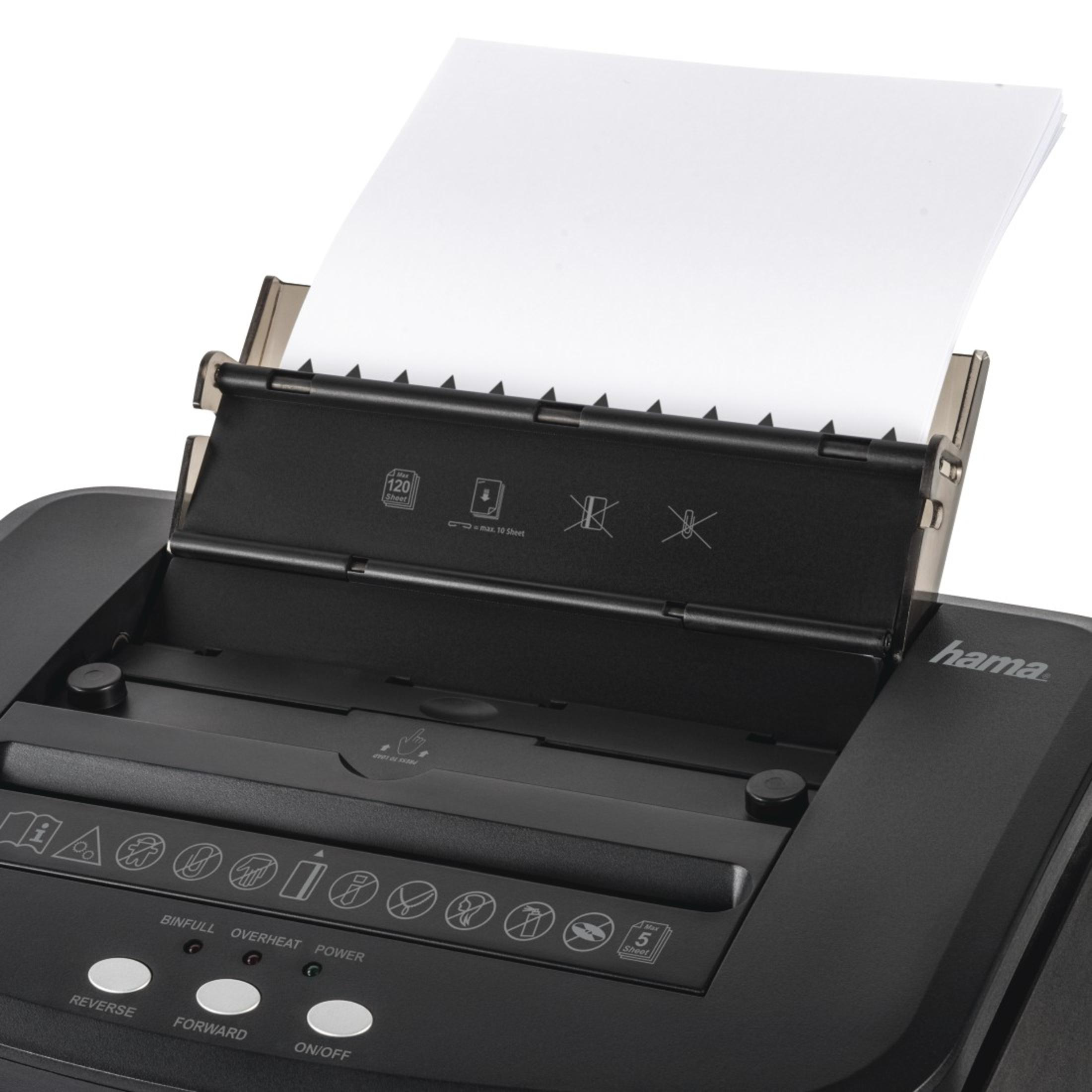 Czarna niszczarka do papieru z otwartą górą i wkładanym papierem. Widoczny panel sterowania.