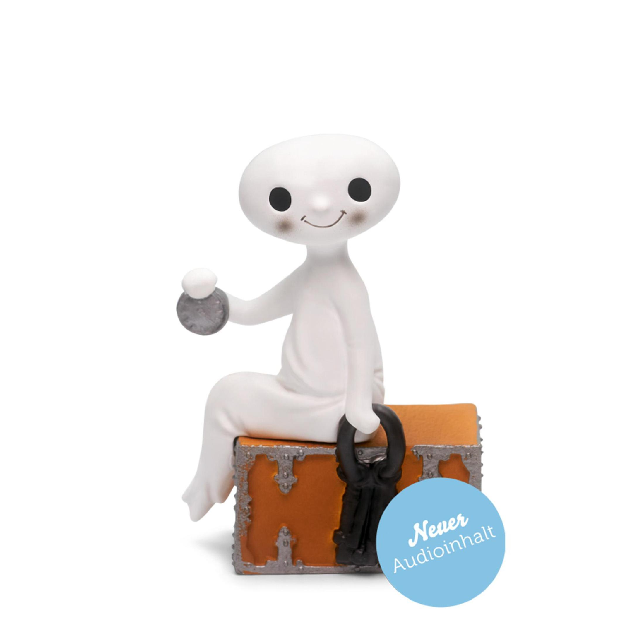 Eine weiße Geisterfigur sitzt auf einer orangefarbenen Truhe. Sie hält eine Münze und hat einen Schlüssel daneben.