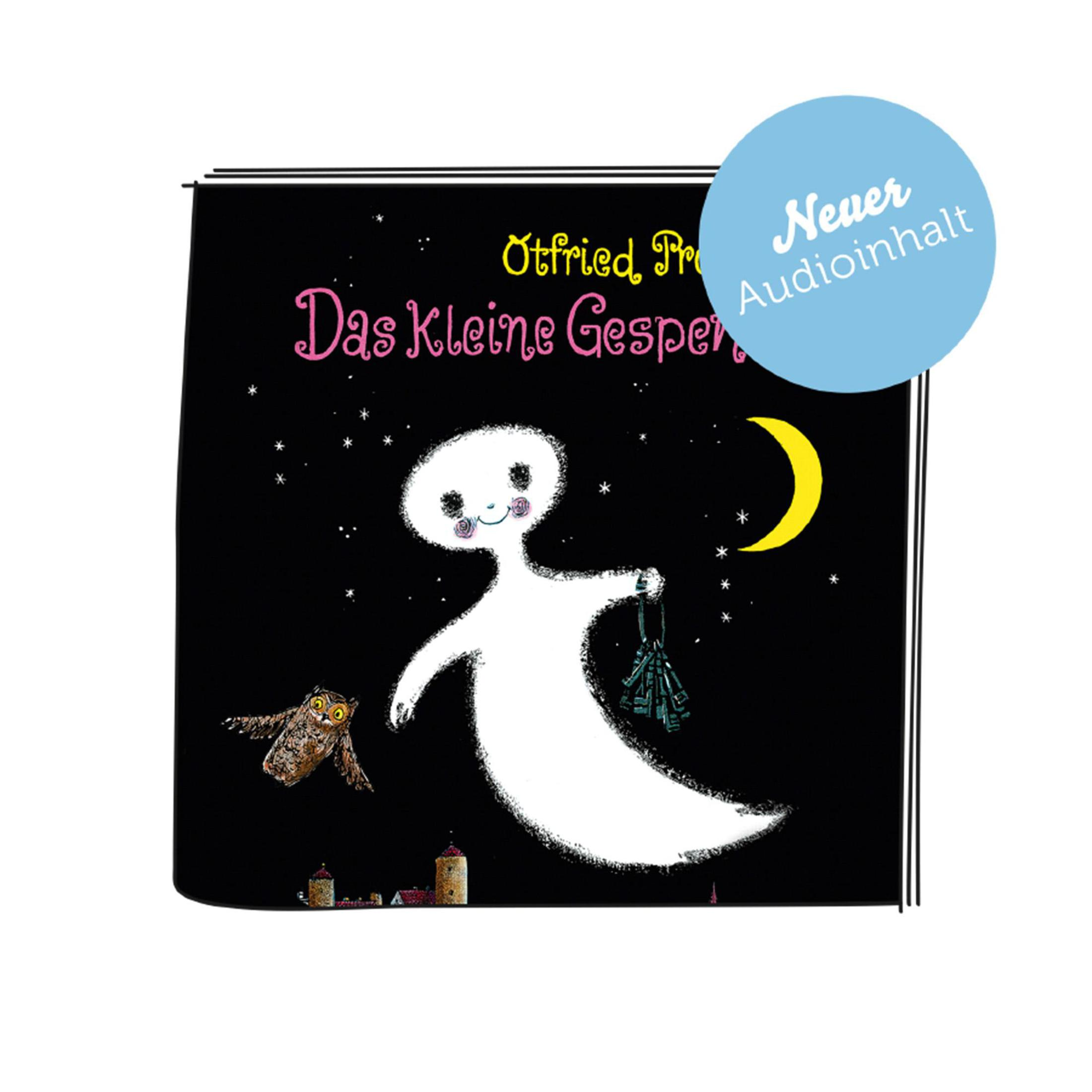 Buchcover von Das Kleine Gespenst. Zeigt ein Gespenst und eine Eule. Sternennacht-Hintergrund.