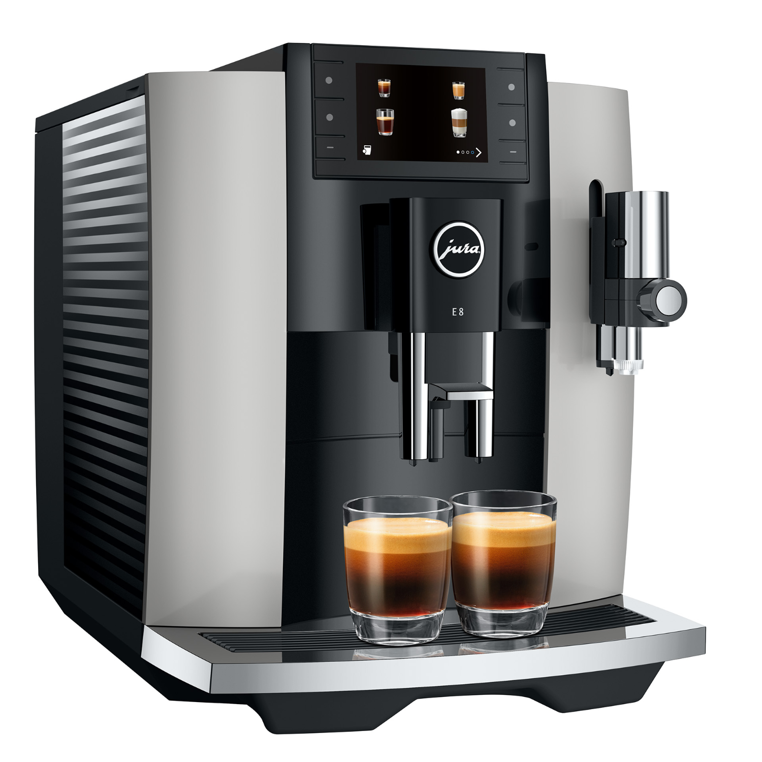 Eine moderne schwarz-silberne Jura-Kaffeemaschine mit zwei Kaffeegläsern.