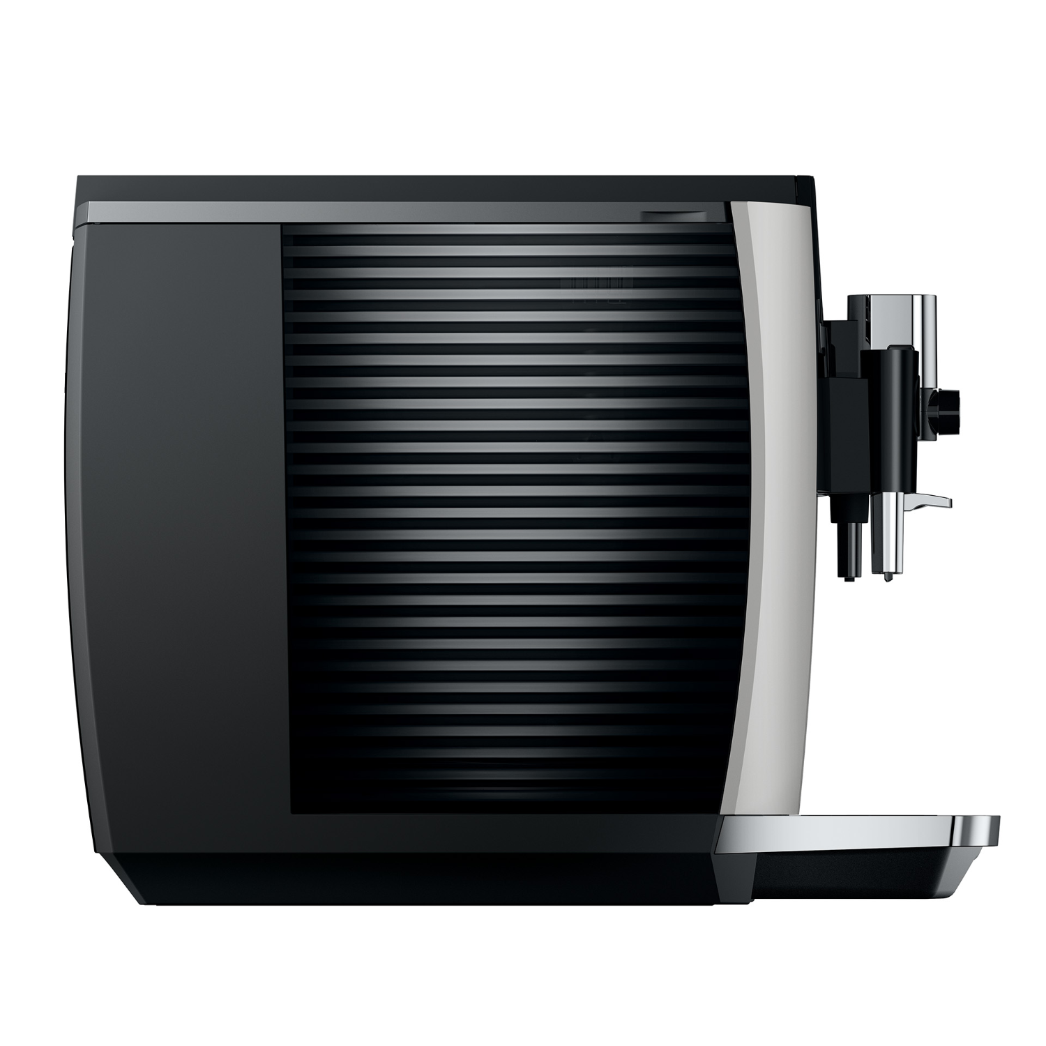 Seitenprofil einer schwarzen und silbernen Jura Kaffeemaschine. Sauberes, modernes Design.
