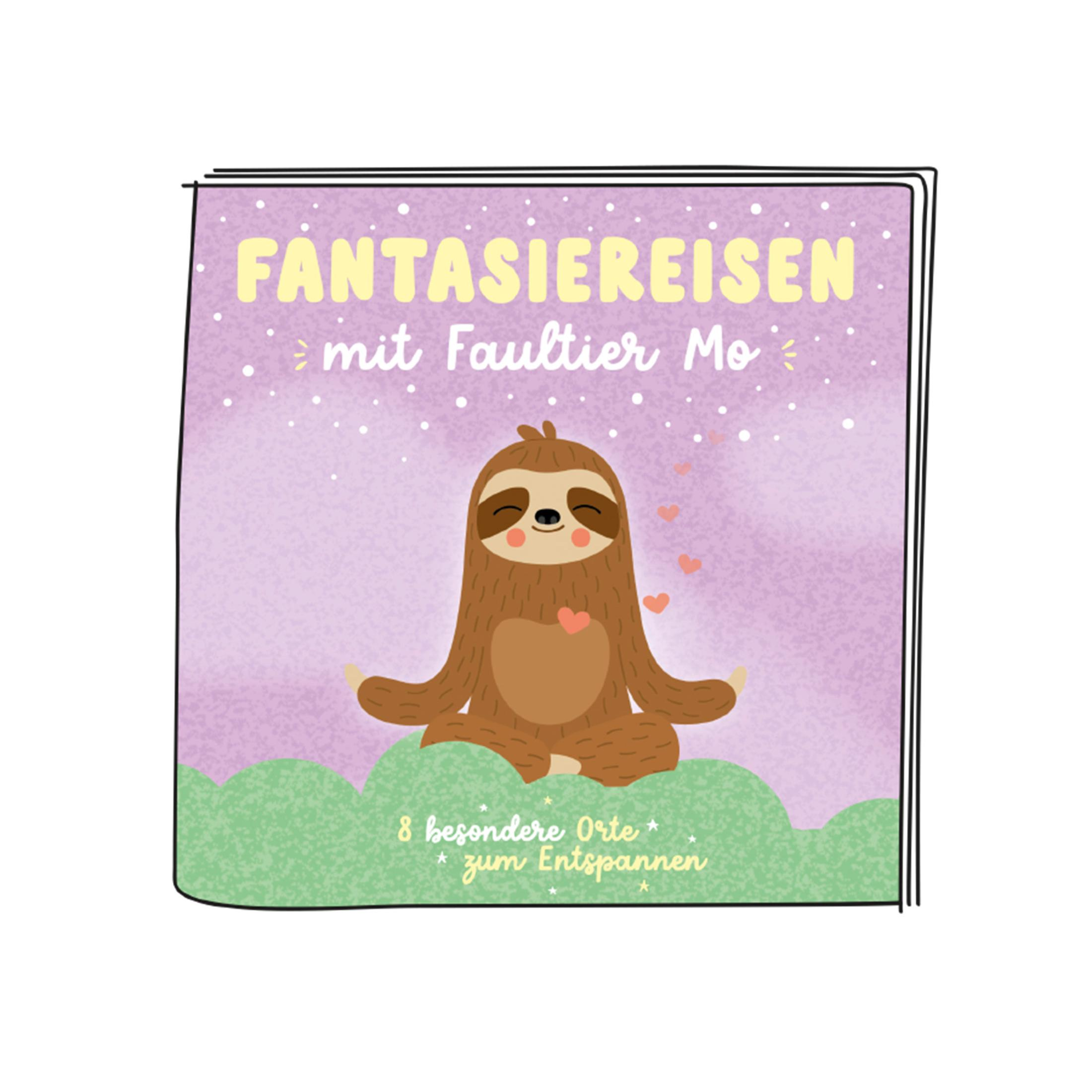 Ein Buch mit einer Faultier-Illustration in einer Yoga-Pose auf dem Cover. Es hat einen lila Hintergrund und grünes Gras.