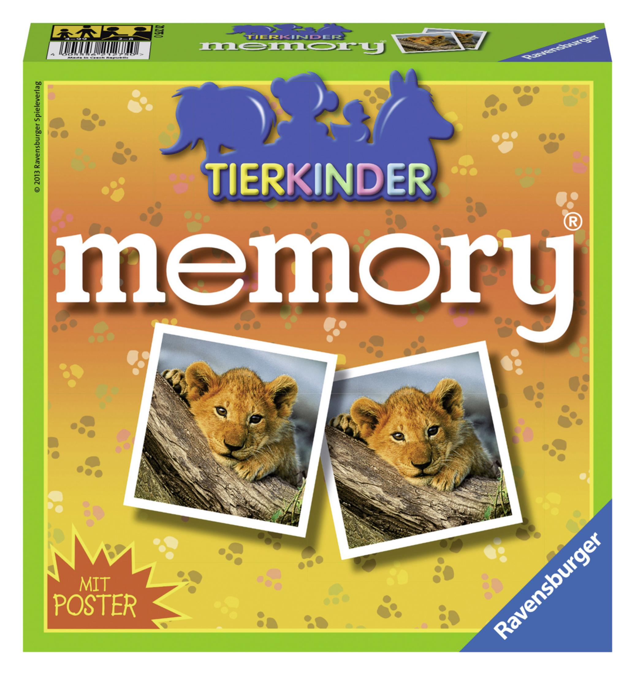 Memory-Spielbox mit Löwenjungbildern. Die Box ist grün, orange und weiß. Titel: Tierkinder Memory.