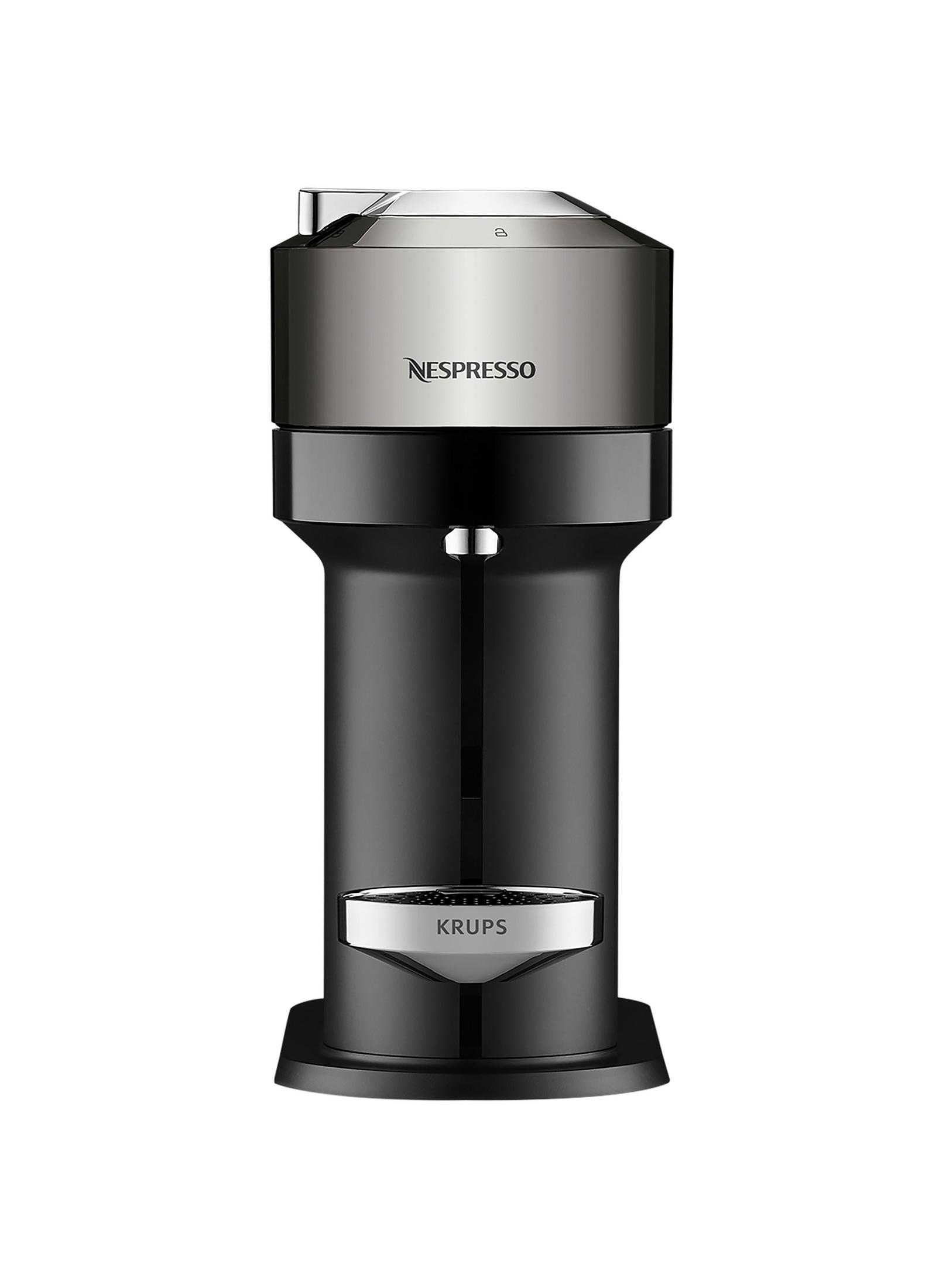 Eine schwarz-silberne Nespresso-Kaffeemaschine. Zylindrisch mit silbernem Oberteil und Krups-Etikett.