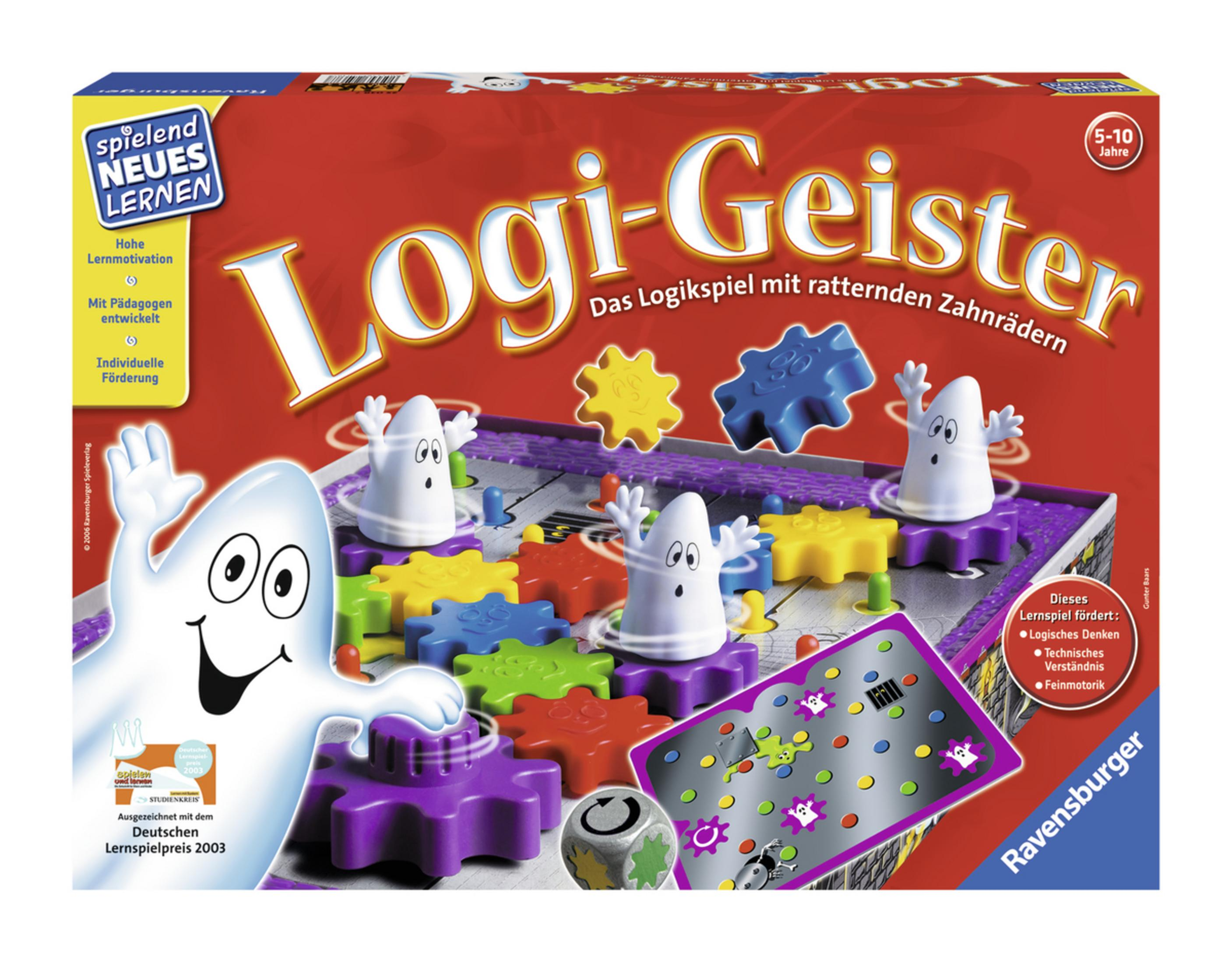 Logi-Geister Brettspielbox. Ein Geistercharakter und andere Spielelemente sind auf der Box sichtbar.