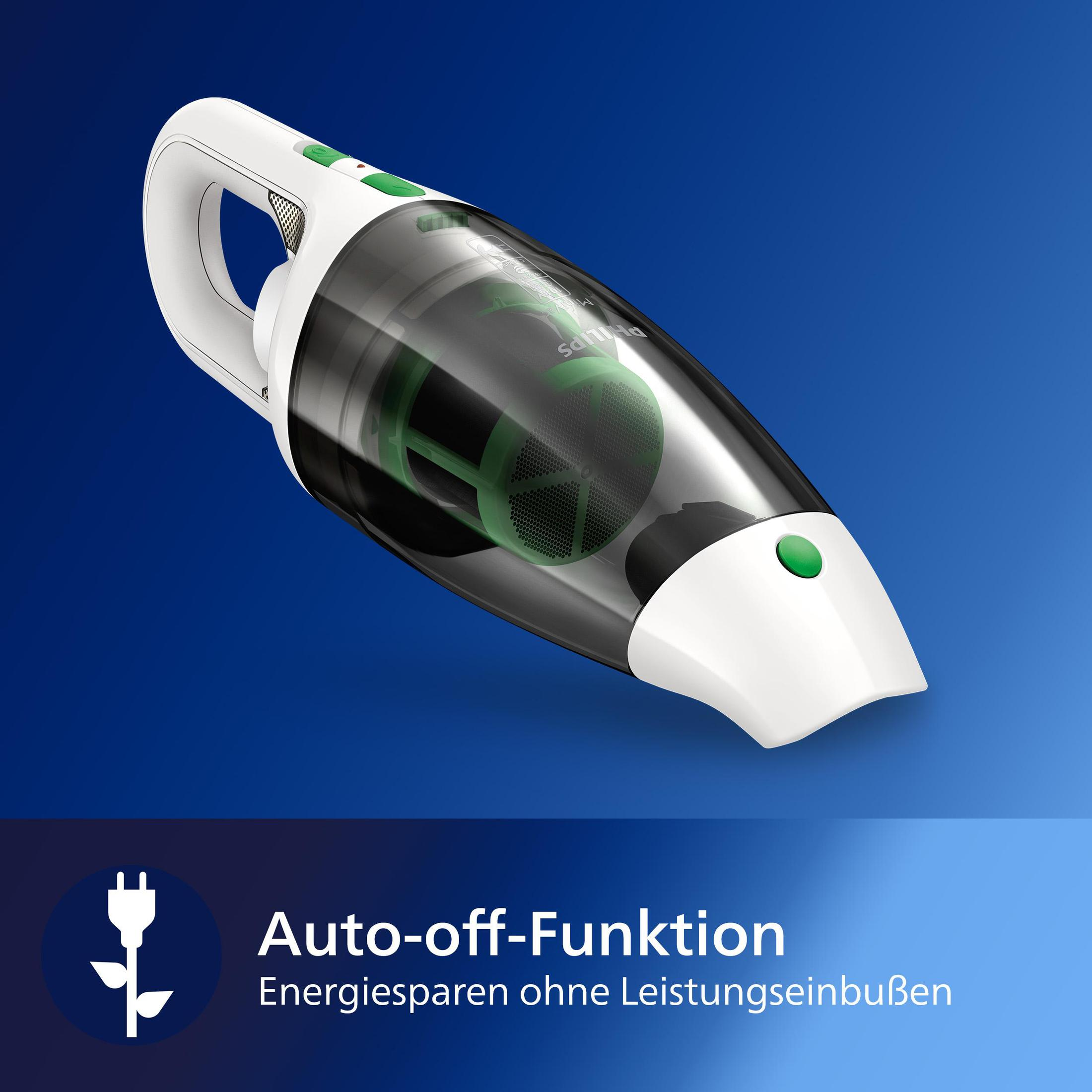 Un aspirapolvere portatile bianco e nero con un pulsante verde.
