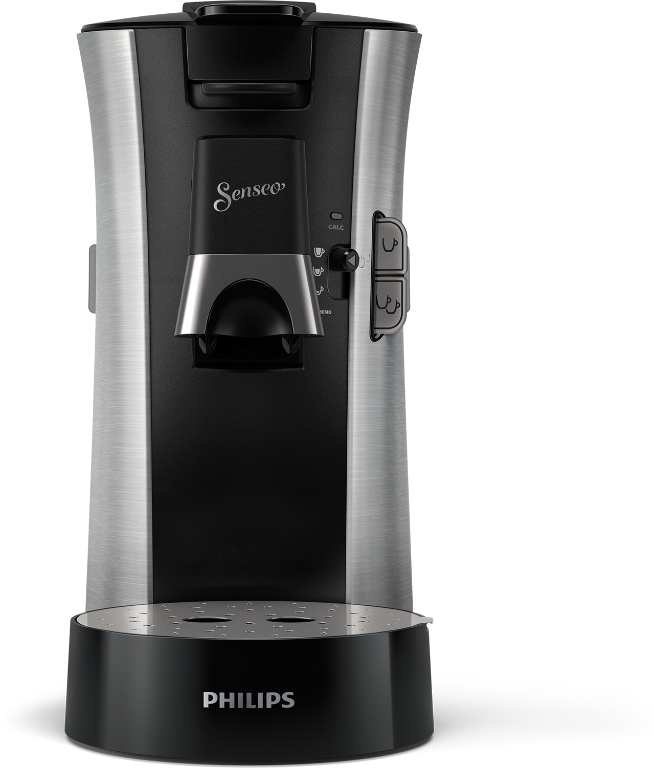 Czarny i srebrny ekspres do kawy. Marka Philips. Czarne tło.